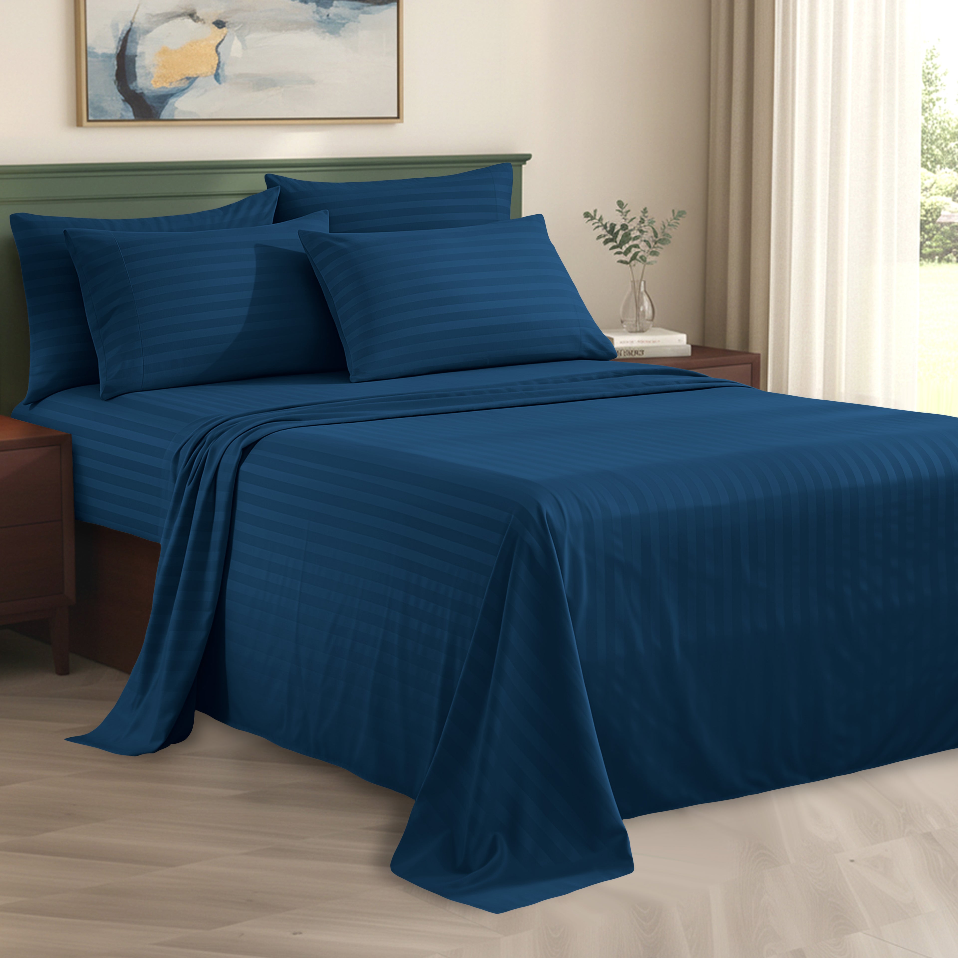 6-Piece Dobby Stripe Printed Bed Sheet Set- Soft as a Hotel Premium Quality