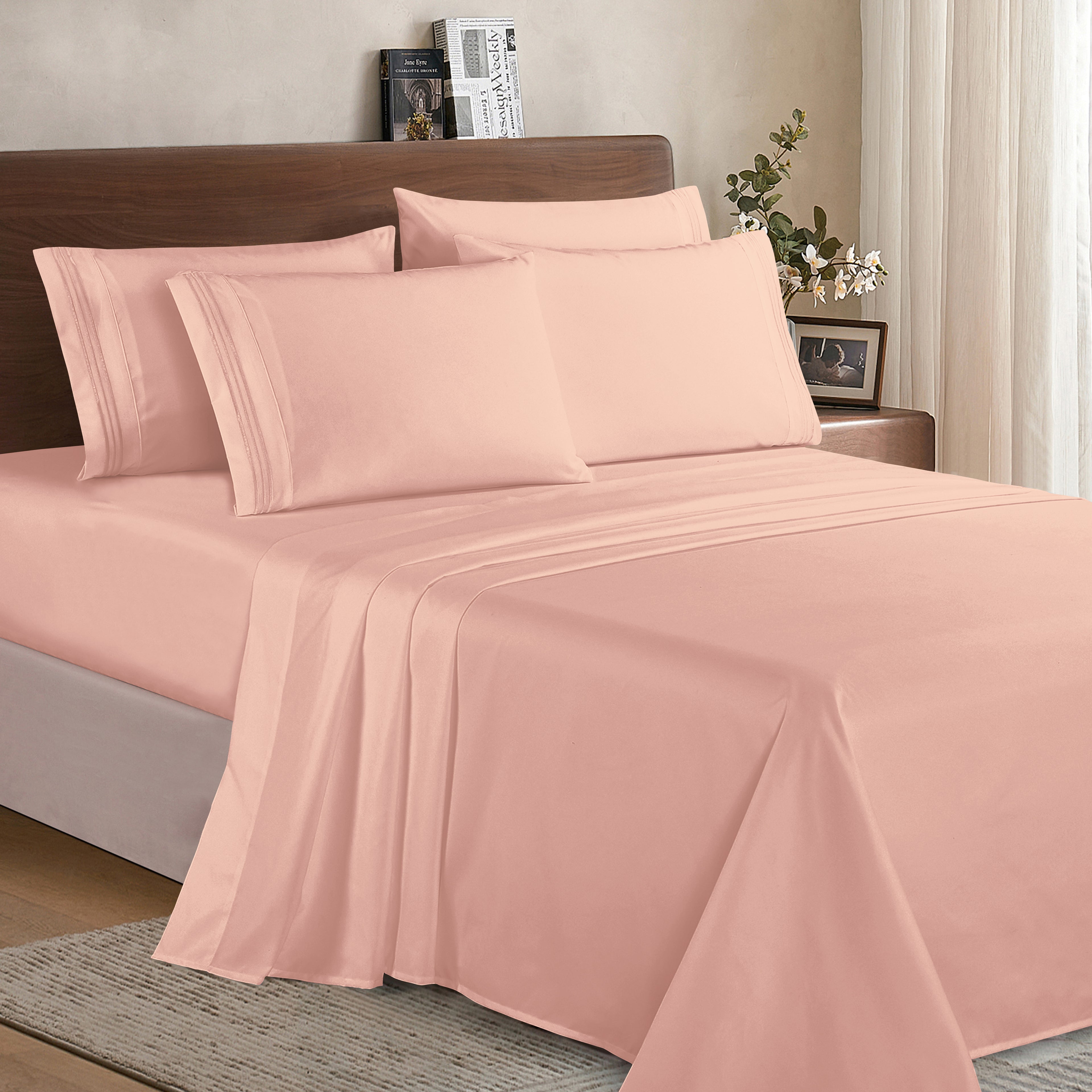 Essential 6-Piece 3-Line Embroidery Sheet Set, Soft as a Hotel Premium Quality, Bright Shades
