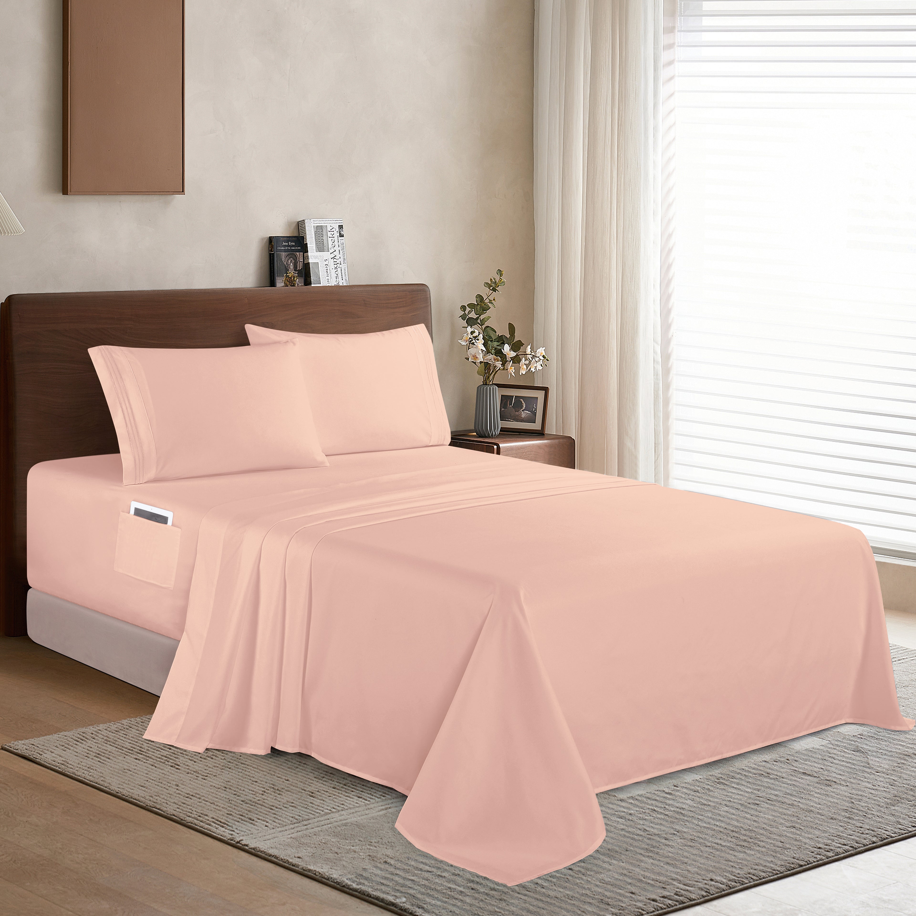 Extra deep 18-24 Inch Pocket 3 Line Embroidery, 4-Piece Sheet Set, Bright Shades
