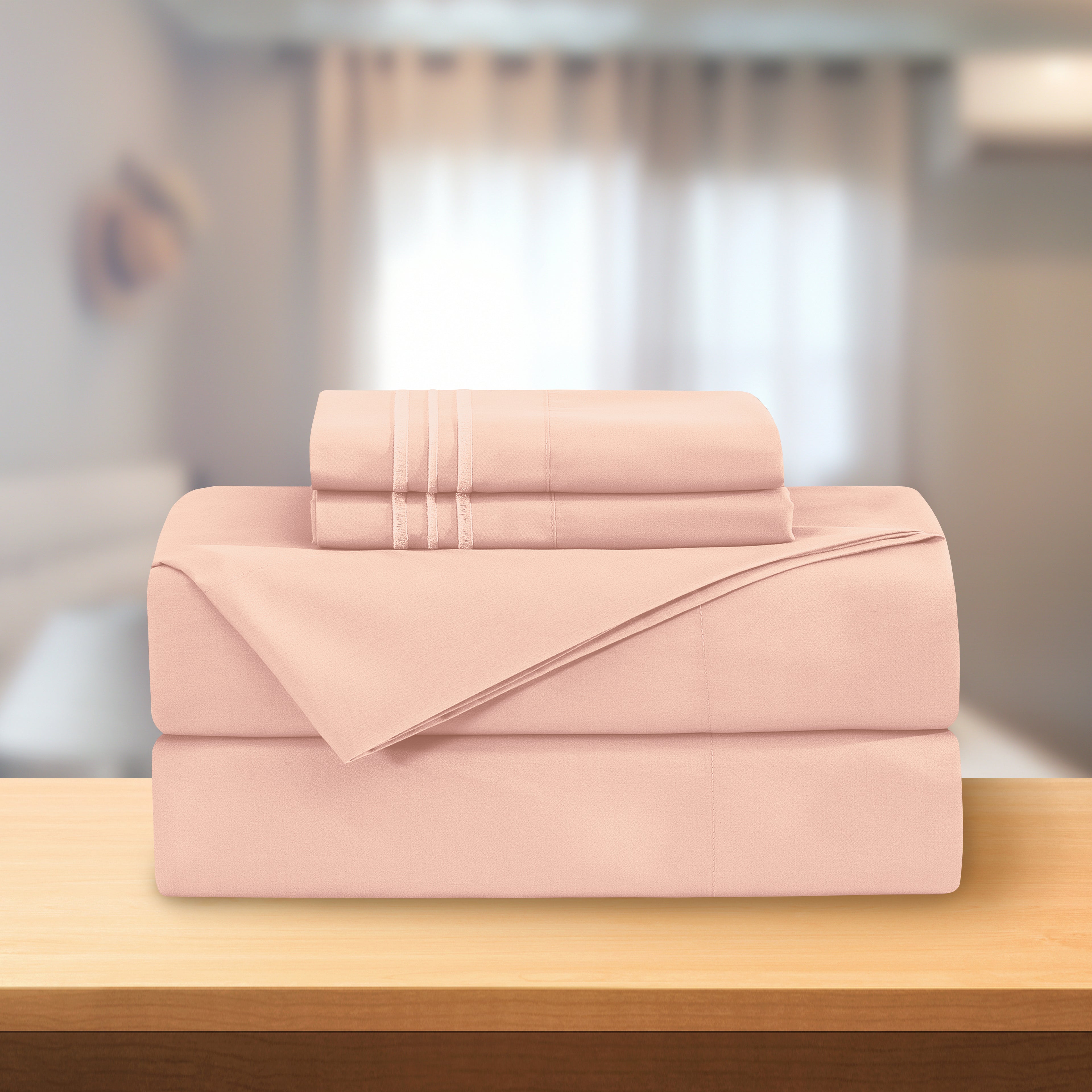 Essential Solid 3 Line Embroidery - Soft as a Hotel Premium Quality, 4-Piece Sheet Set, Bright Shades