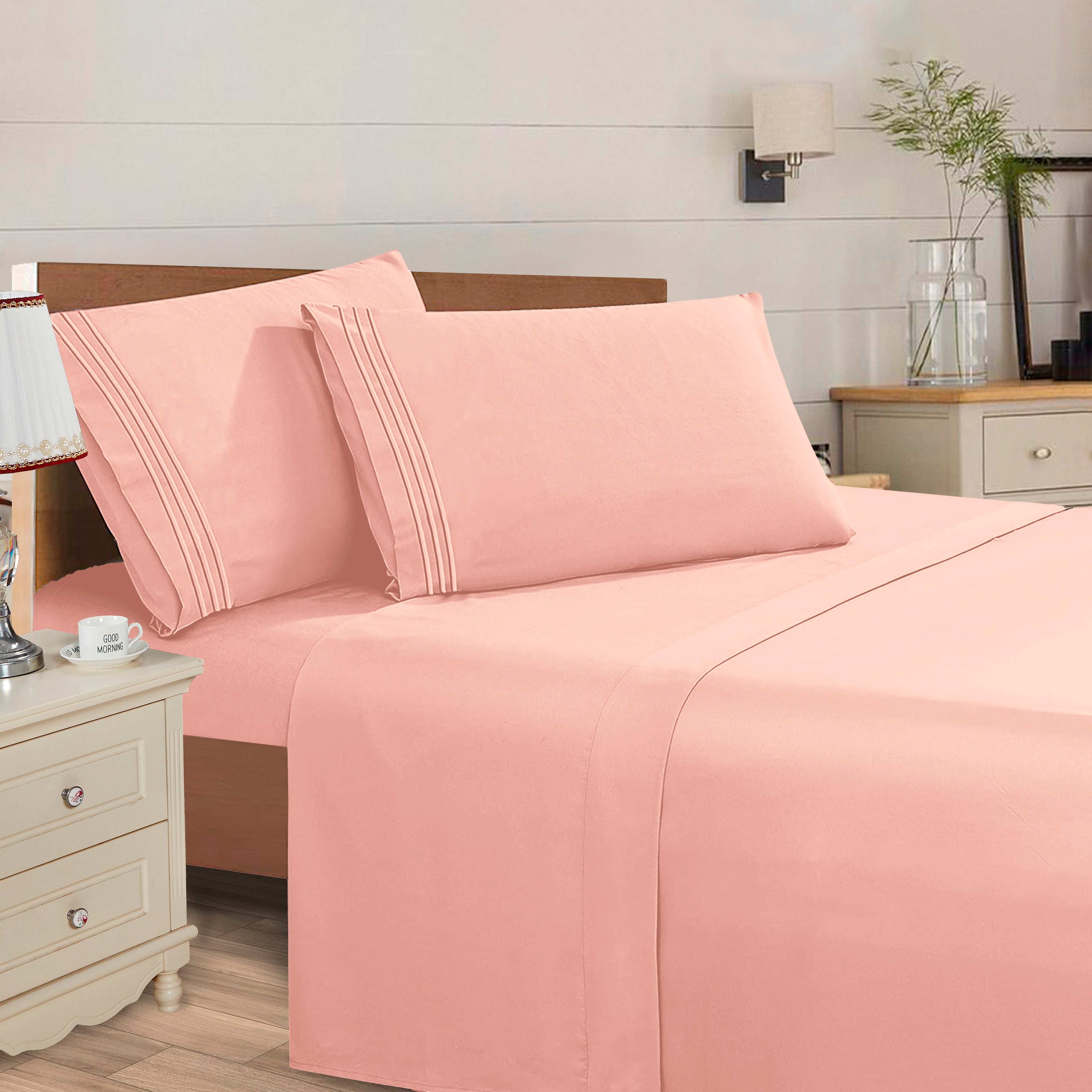 Essential Solid 3 Line Embroidery - Soft as a Hotel Premium Quality, 4-Piece Sheet Set, Bright Shades