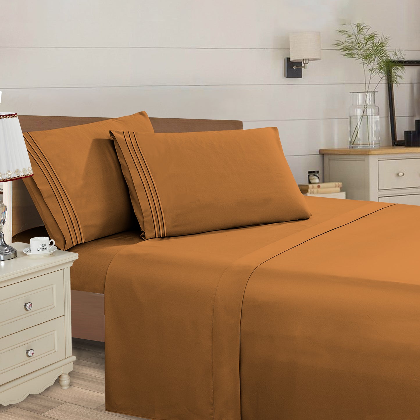 Elegant Comfort Essential 4-Piece 3-Line Embroidery Sheet Set, Soft as a Hotel Premium Quality,  Moody Shades