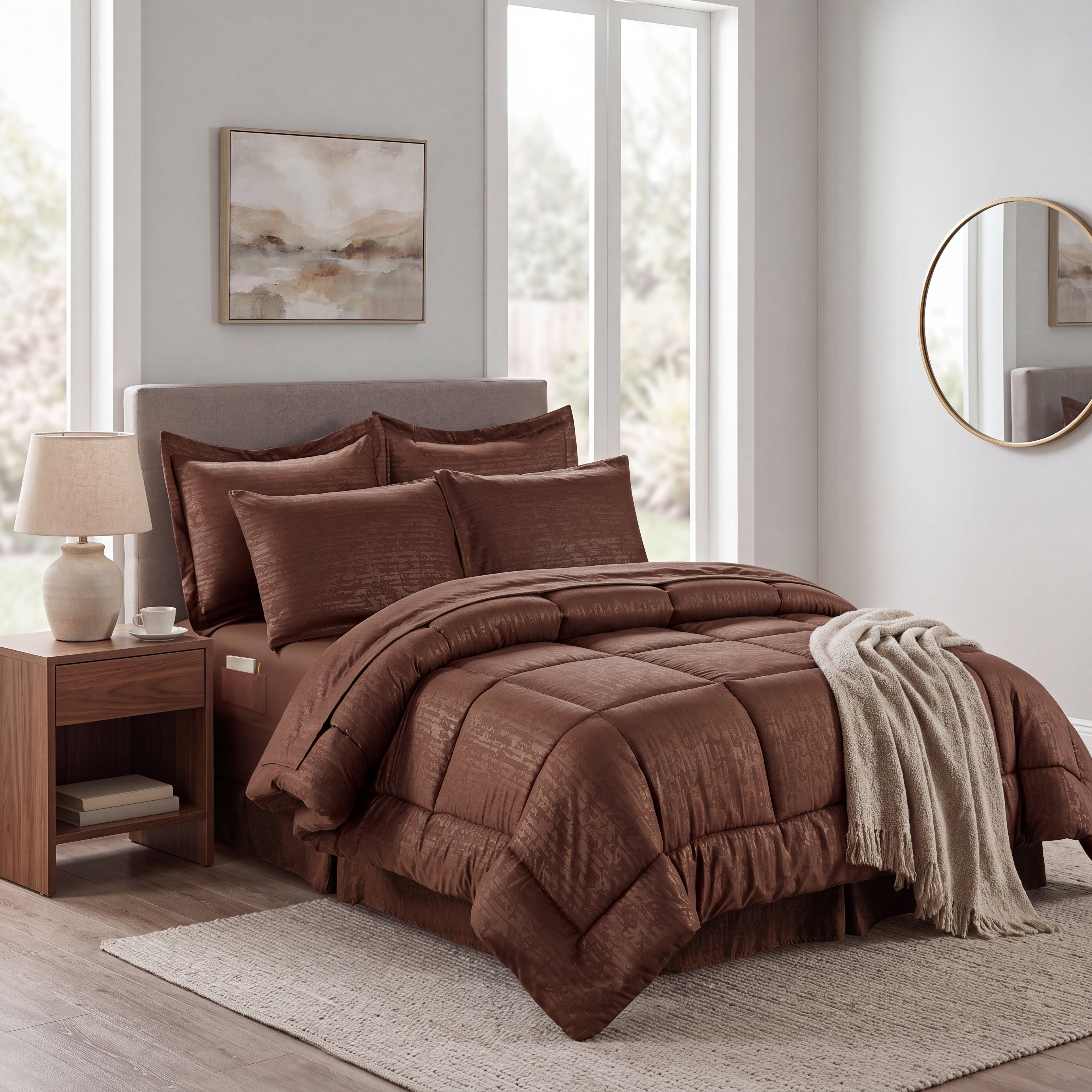 8-Piece Bamboo Floral Pattern Comforter Set- Includes 4-Piece Sheet Set with Double Sided Storage Pockets