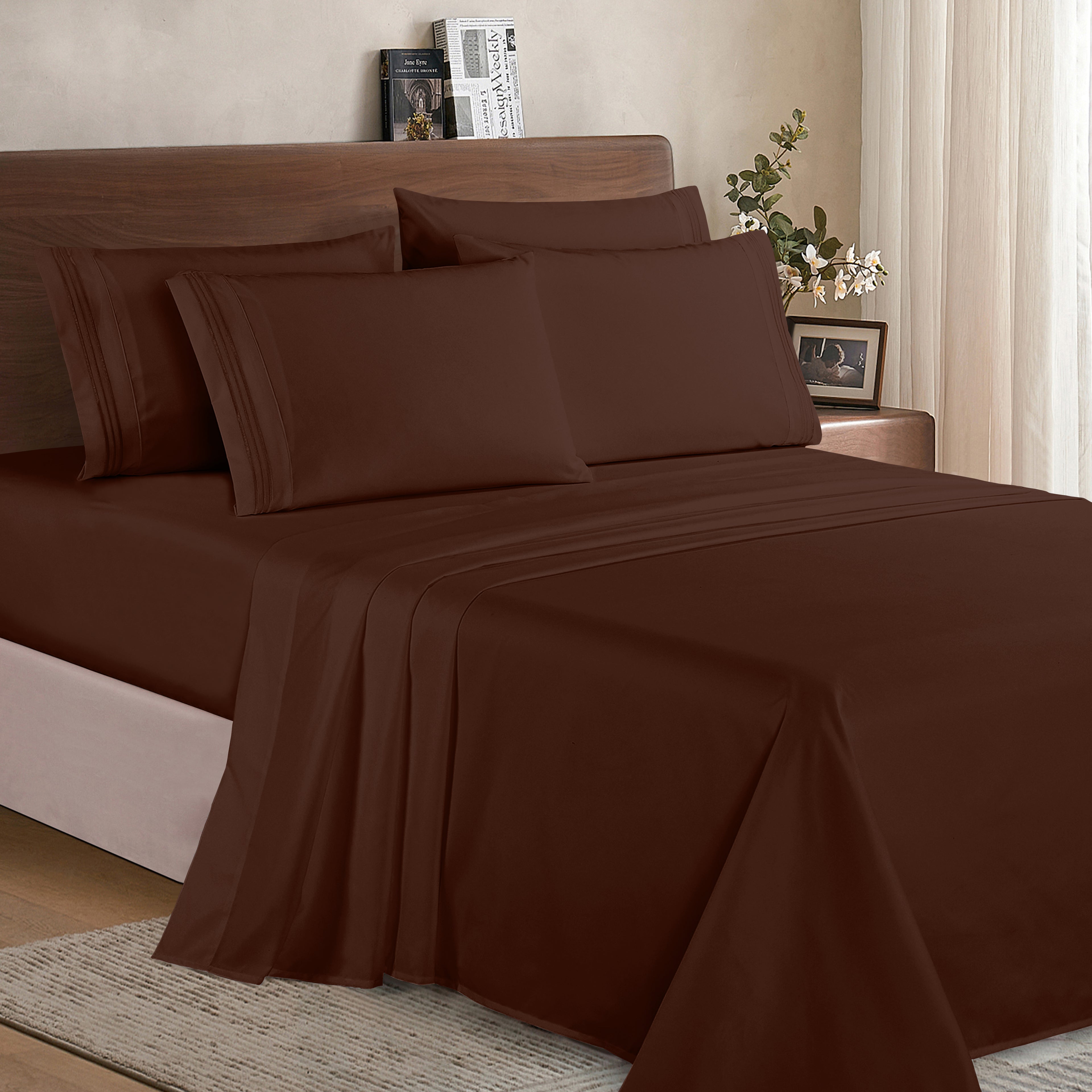 Essential 6-Piece 3-Line Embroidery Sheet Set, Soft as a Hotel Premium Quality,  Moody Shades