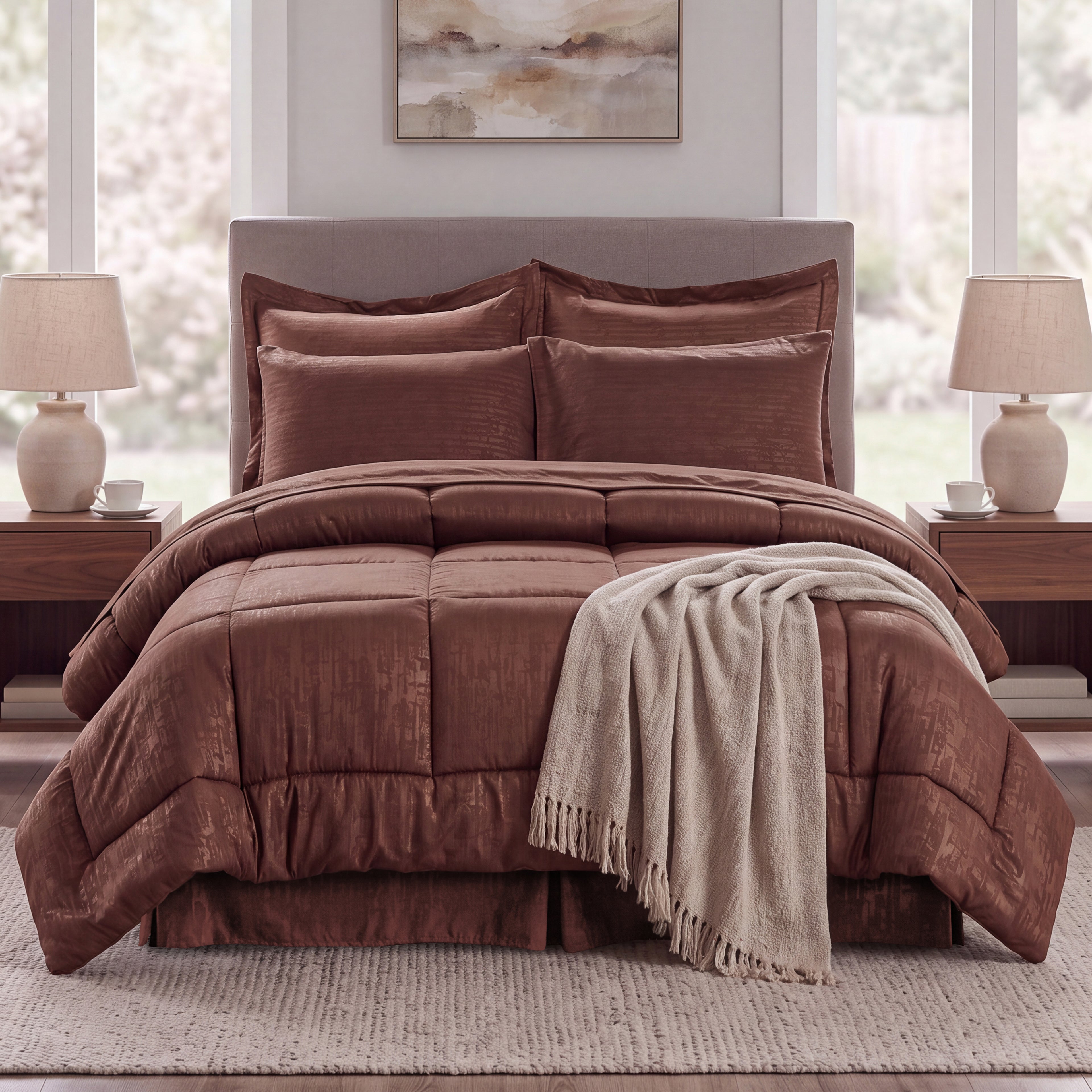 8-Piece Bamboo Floral Pattern Comforter Set- Includes 4-Piece Sheet Set with Double Sided Storage Pockets