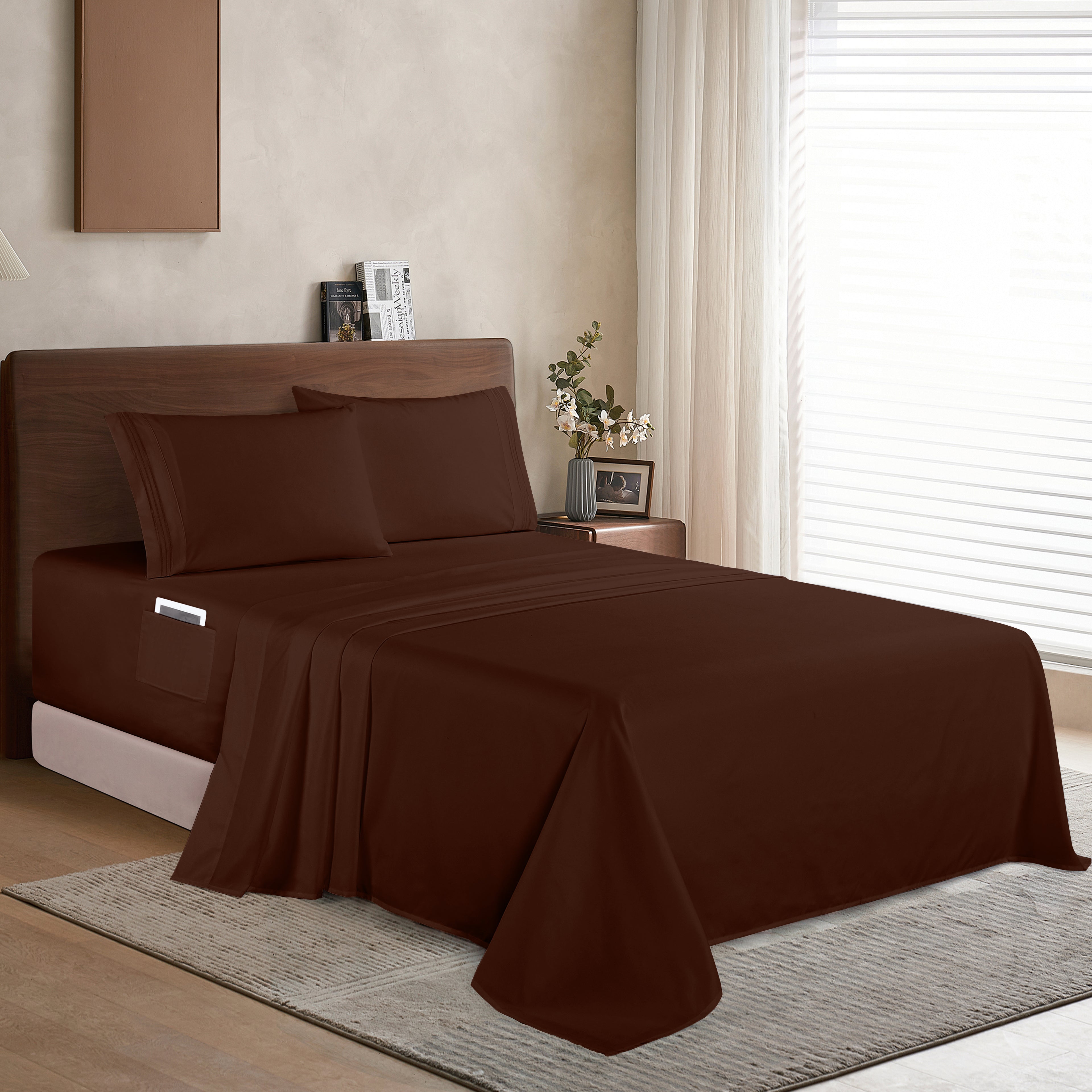 Extra deep 18-24 Inch Pocket 3 Line Embroidery, 4-Piece Sheet Set, Moody Shades