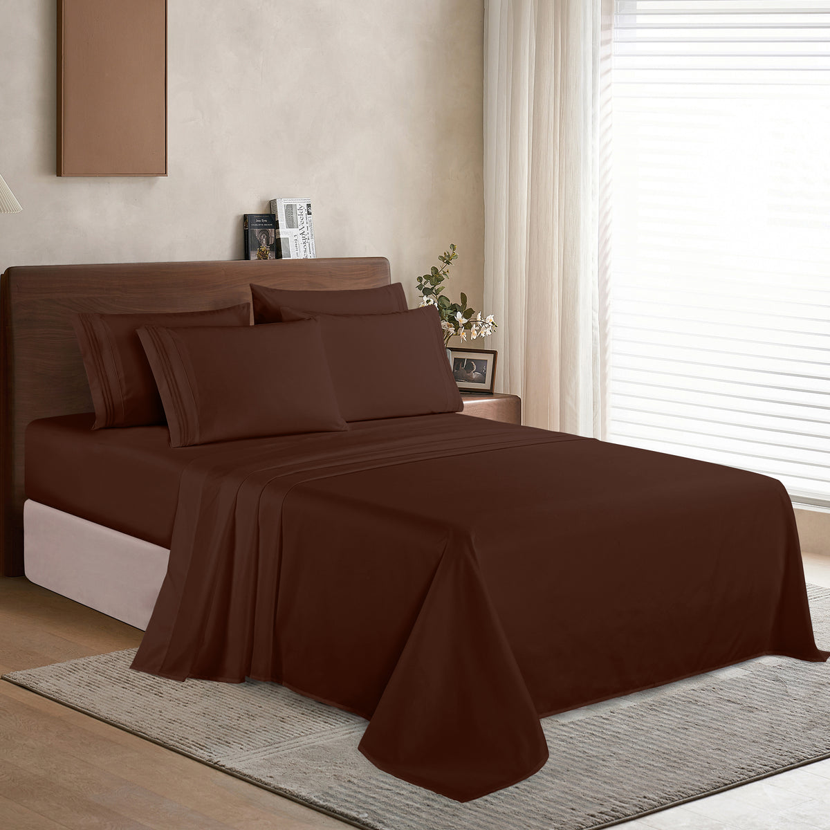 Essential 6-Piece 3-Line Embroidery Sheet Set, Soft as a Hotel Premium Quality,  Moody Shades
