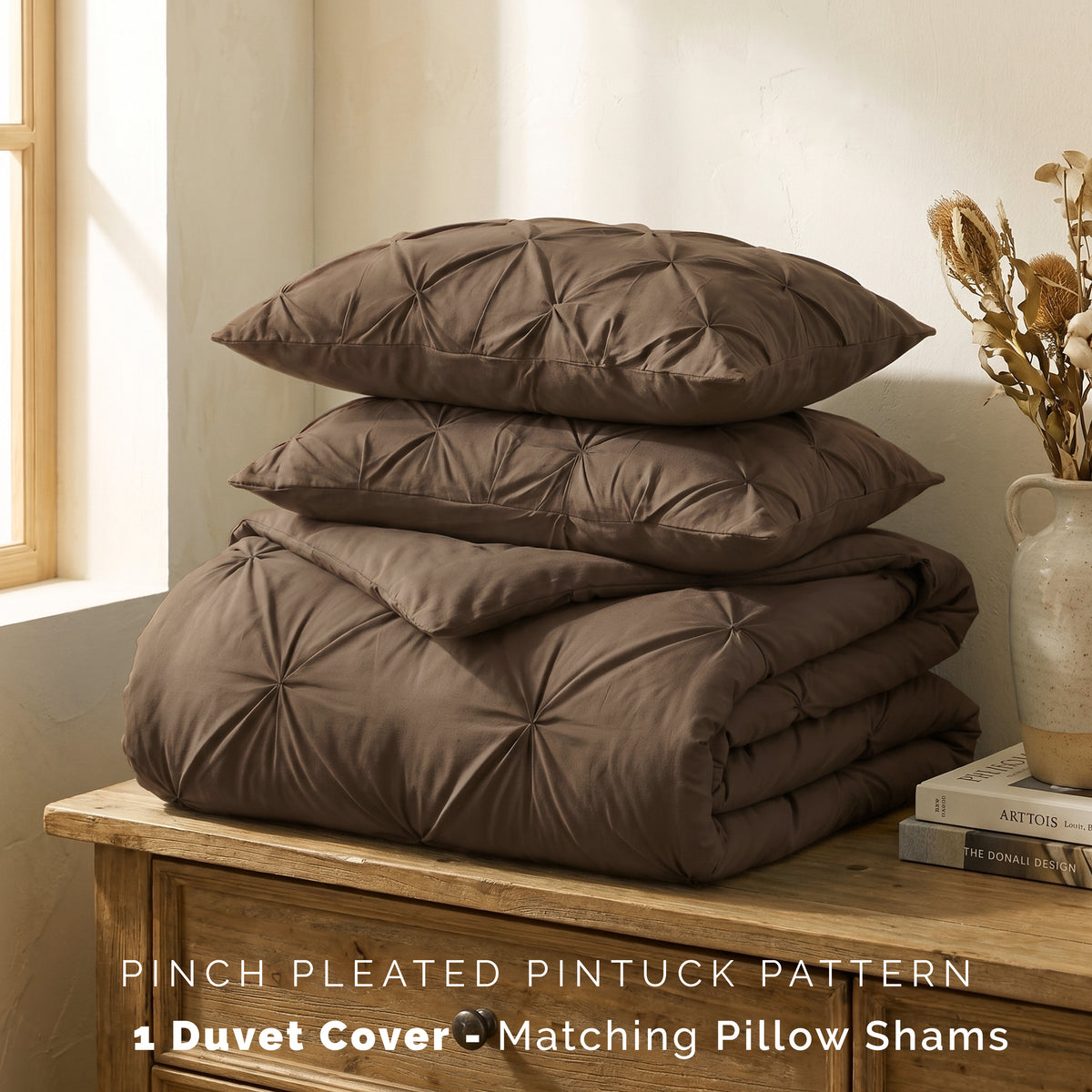 Pinch Pleated Pintuck Pattern, 3-Piece Duvet Cover Set - Features Corner Ties