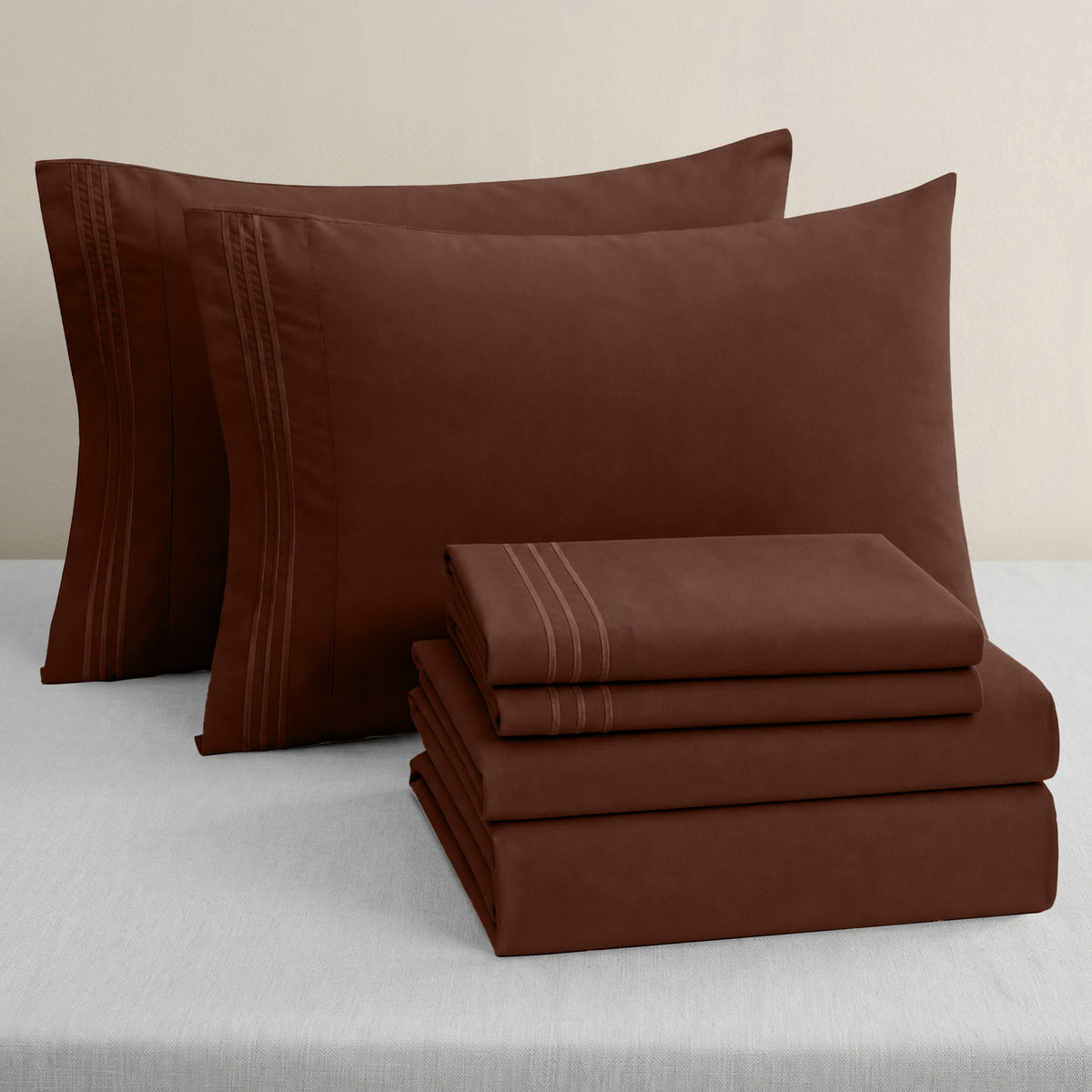 Essential 6-Piece 3-Line Embroidery Sheet Set, Soft as a Hotel Premium Quality,  Moody Shades