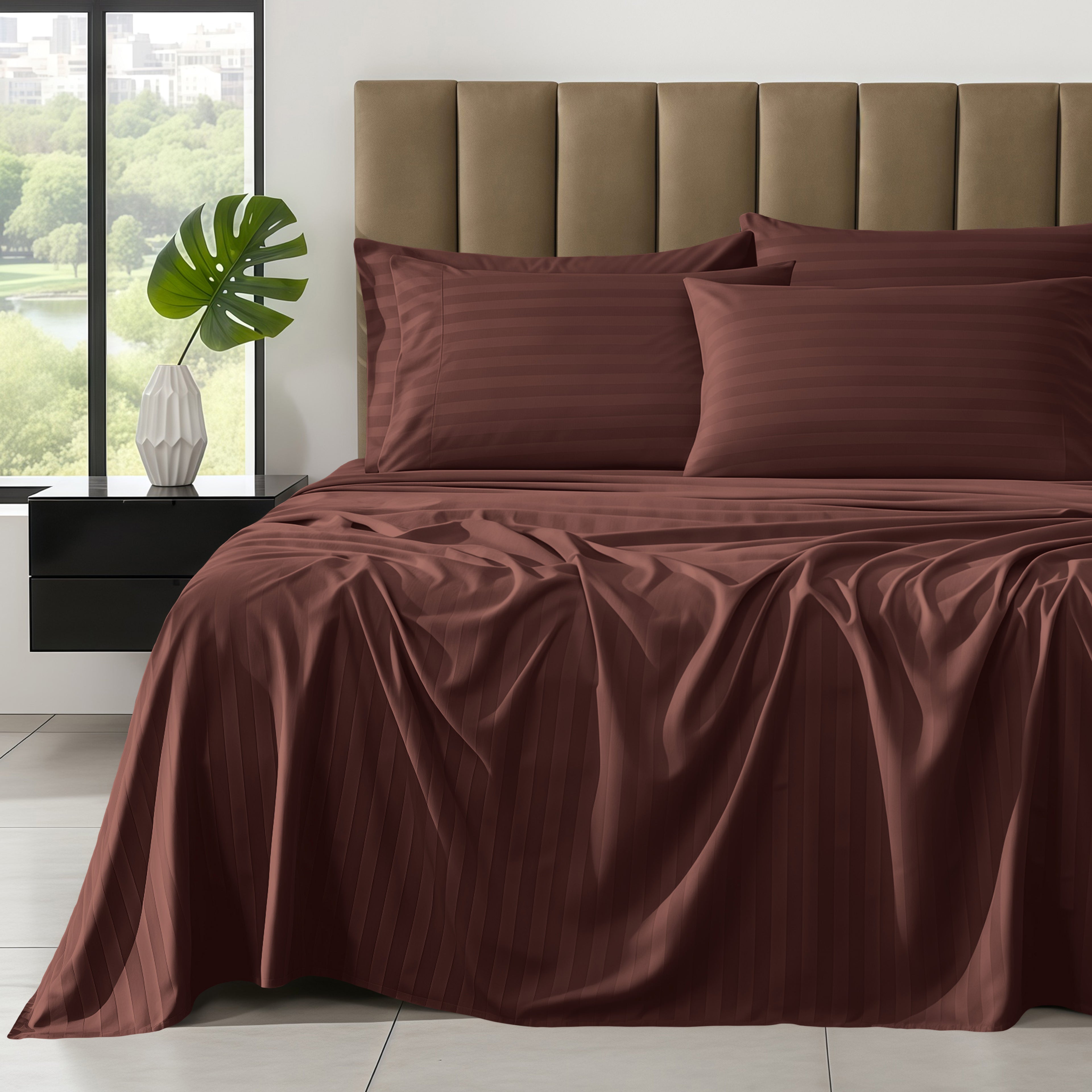6-Piece Dobby Stripe Printed Bed Sheet Set- Soft as a Hotel Premium Quality