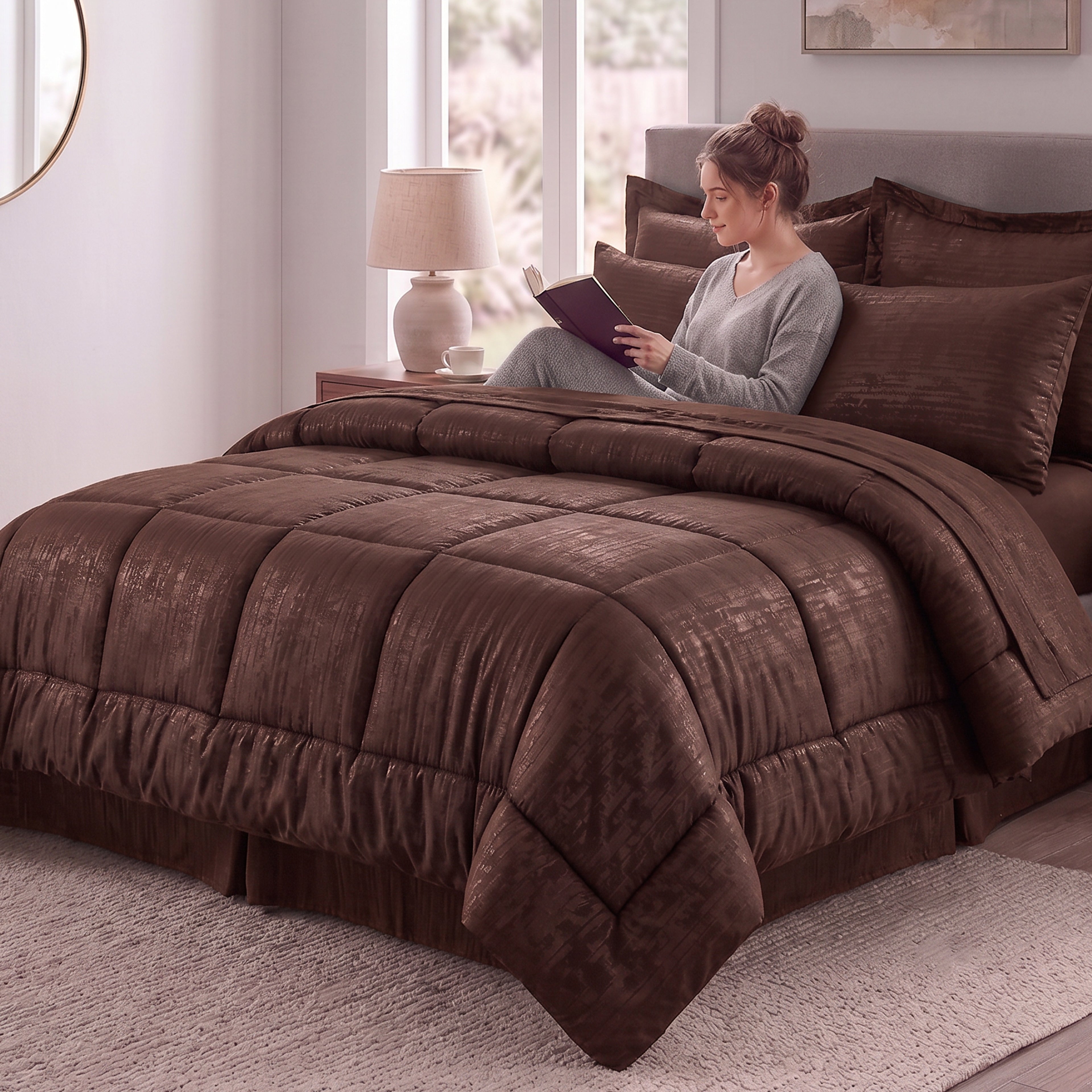 8-Piece Bamboo Floral Pattern Comforter Set- Includes 4-Piece Sheet Set with Double Sided Storage Pockets