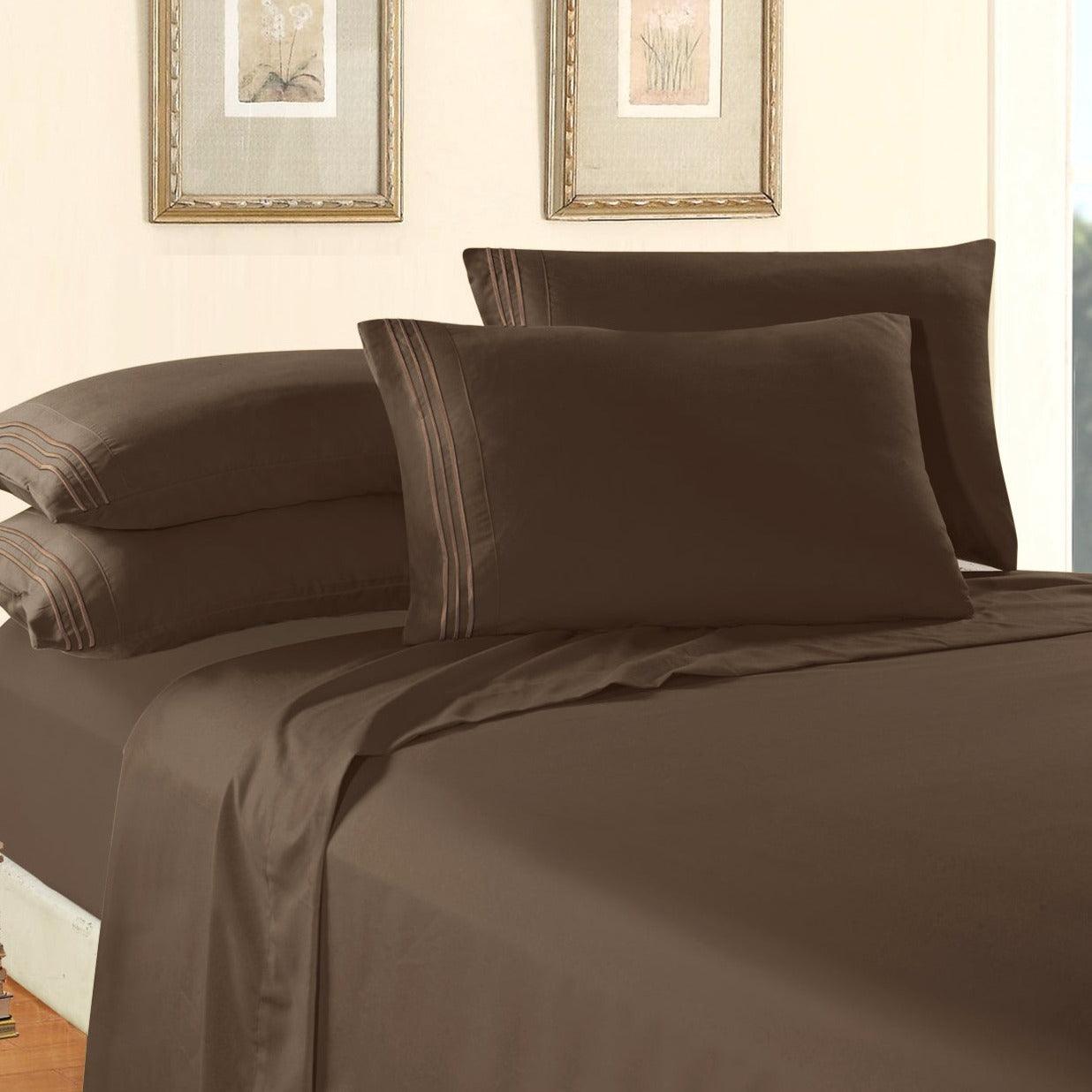 Elegant Comfort Essential 6-Piece 3-Line Embroidery Sheet Set, Soft as a Hotel Premium Quality,  Moody Shades