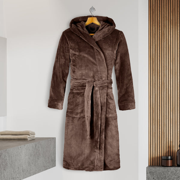 Men Hooded Velvet Fleece Long Bathrobe Burgundy/Black / Large-X Large