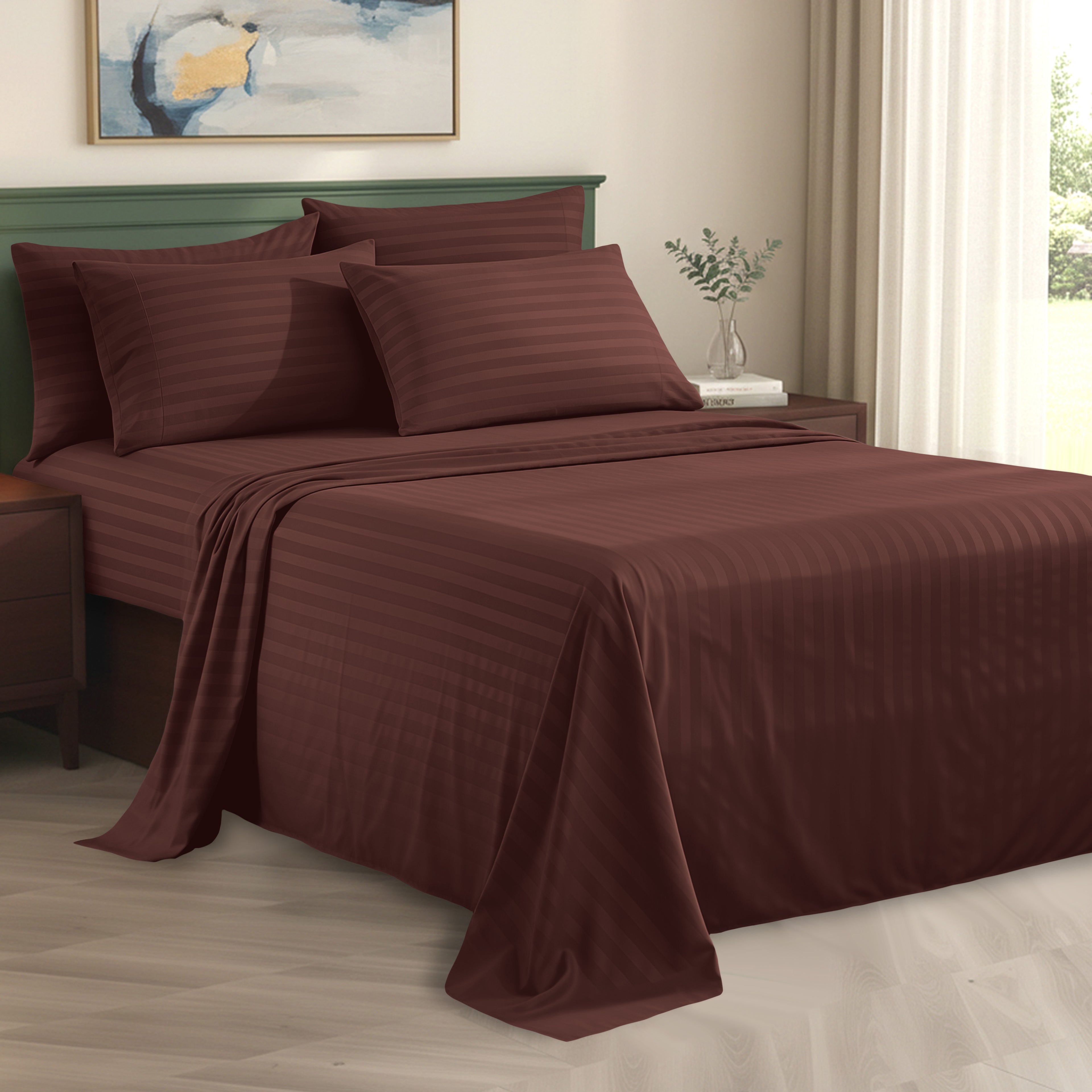 6-Piece Dobby Stripe Printed Bed Sheet Set- Soft as a Hotel Premium Quality