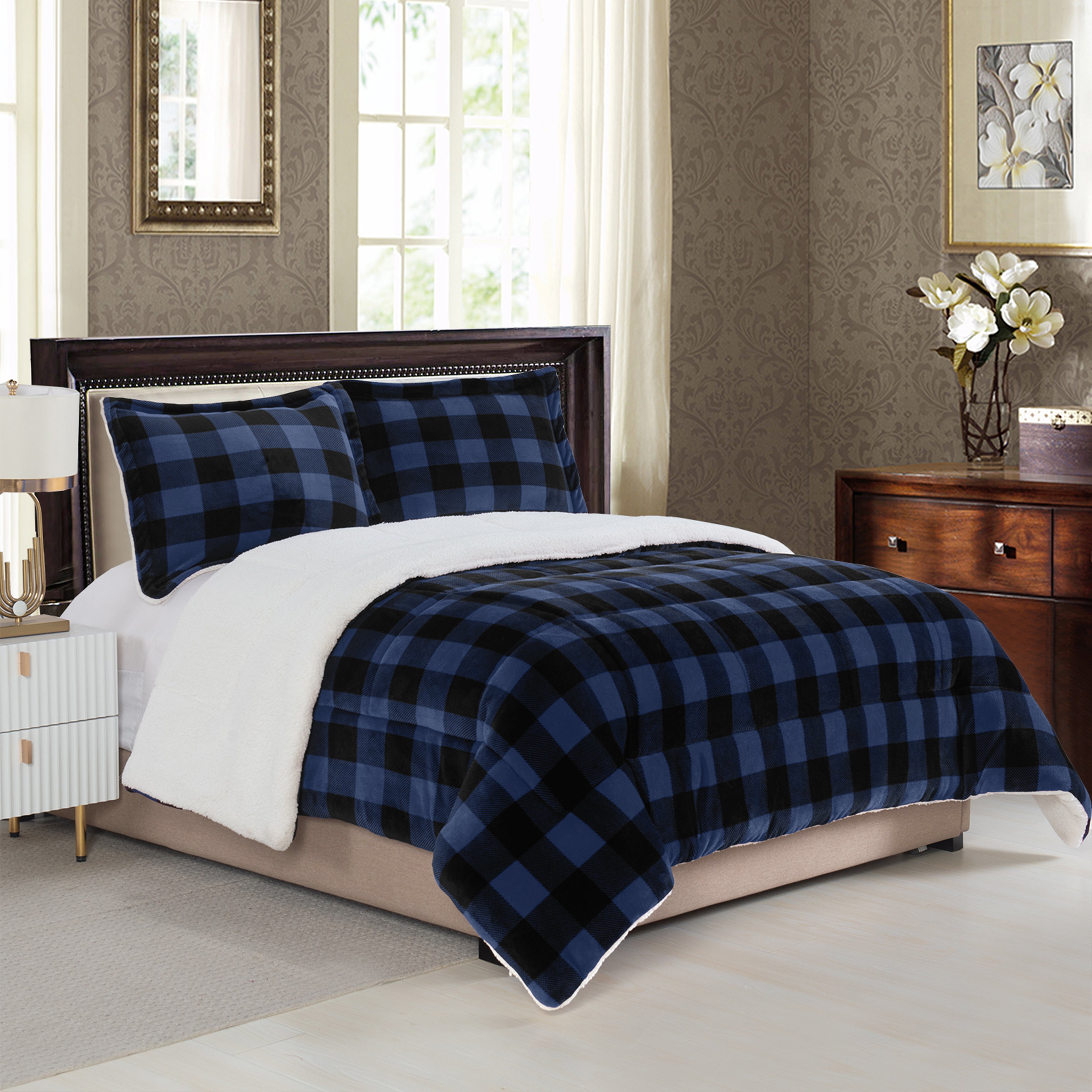 3-Piece Buffalo Micro-Suede Reversible Sherpa - Lodge-Plaid Pattern Comforter Set