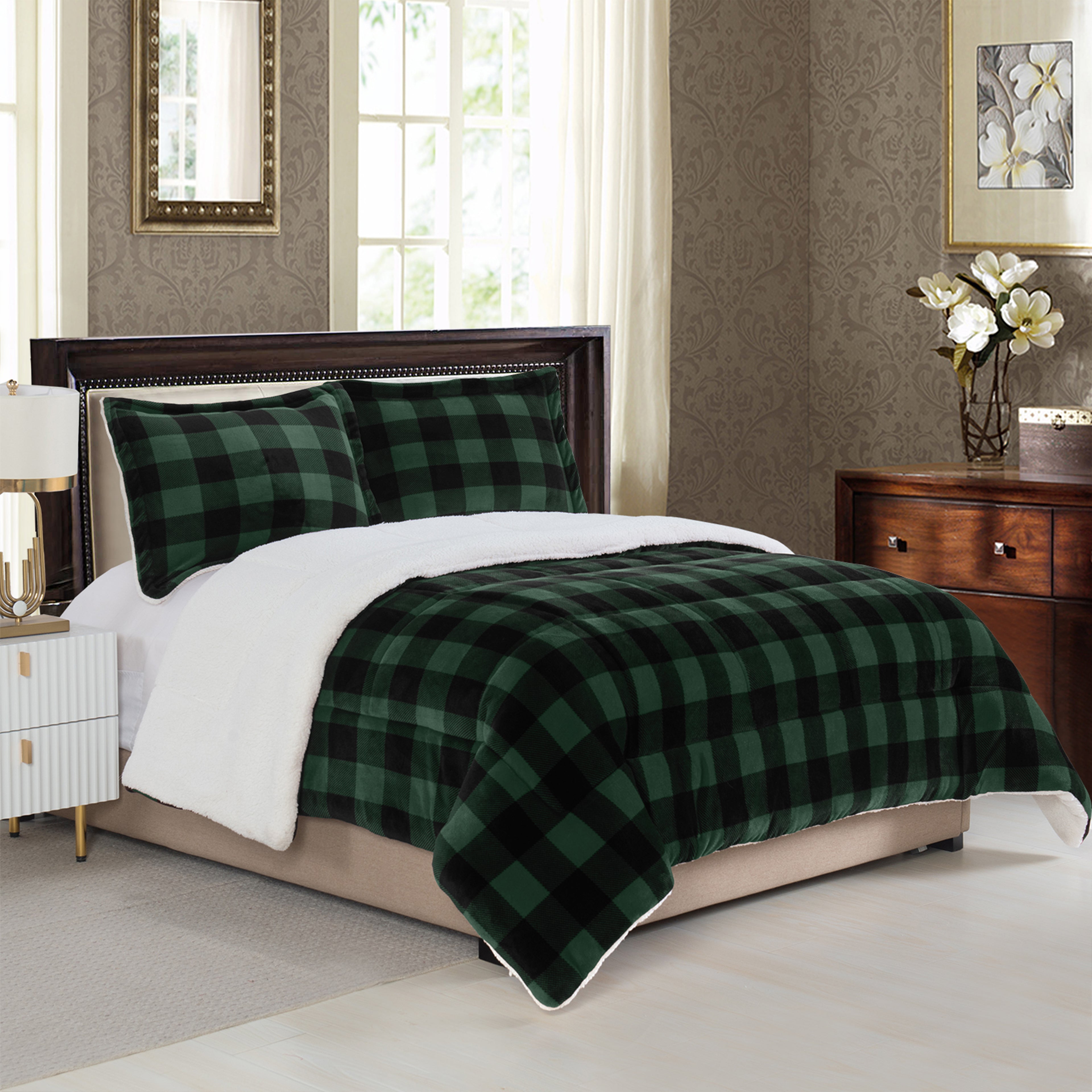 3-Piece Buffalo Micro-Suede Reversible Sherpa - Lodge-Plaid Pattern Comforter Set