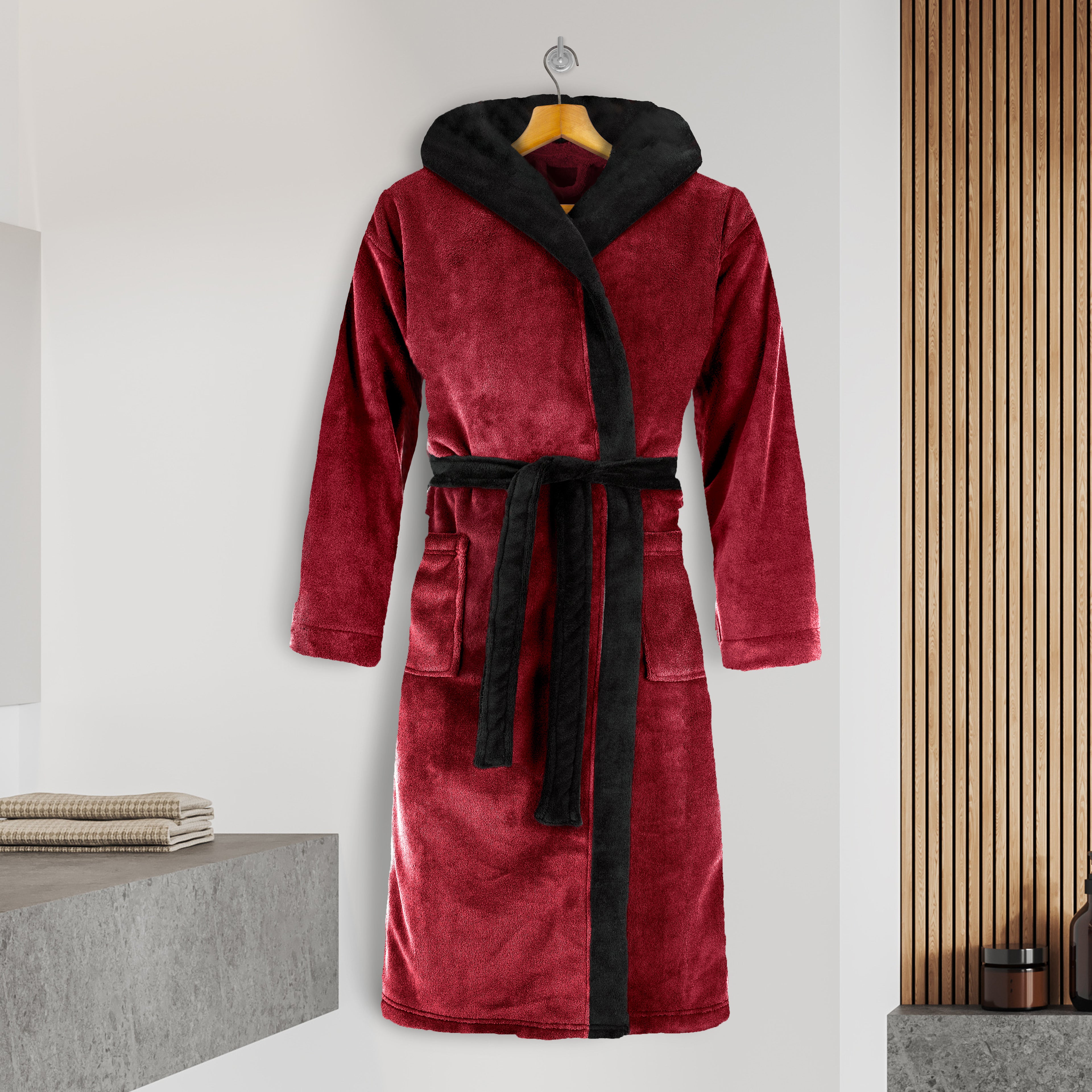 Men Hooded Velvet Fleece Long Bathrobe