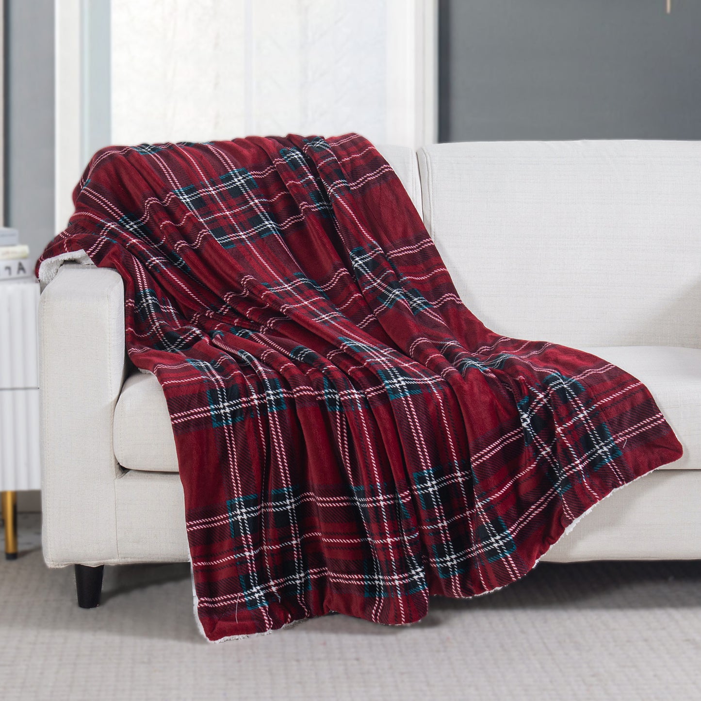 Elegant Comfort Plaid Sherpa Throw 50" x 60" Flannel Fleece Sherpa Back Plaid Pattern Throw Blankets