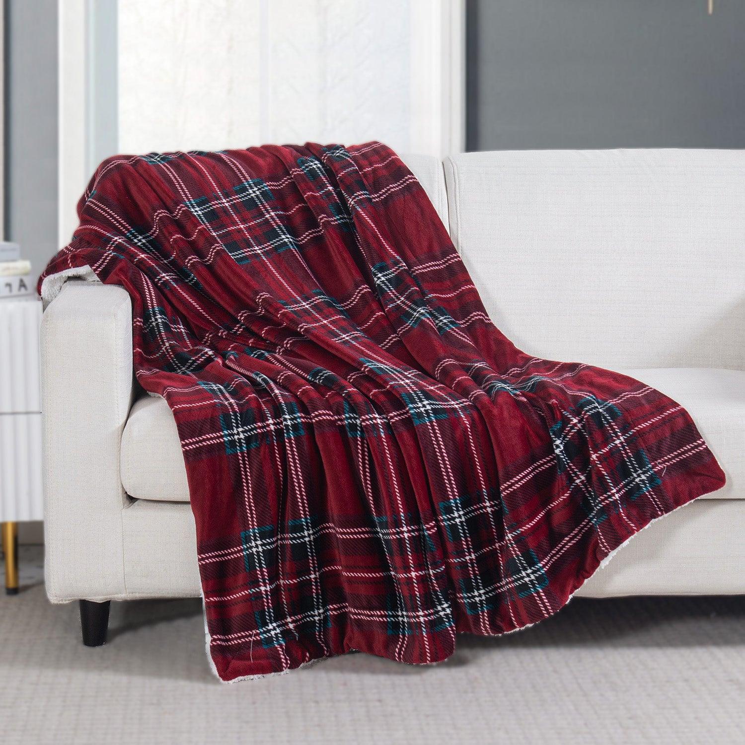 Plaid Sherpa Throw 50" x 60" Flannel Fleece Sherpa Back Plaid Pattern Throw Blankets