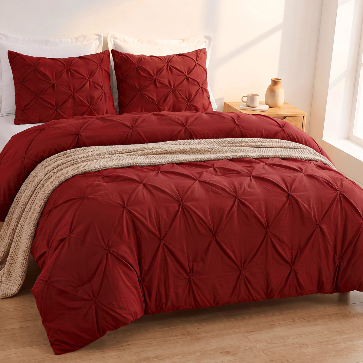 Pinch Pleated Pintuck Pattern, 3-Piece Duvet Cover Set - Features Corner Ties