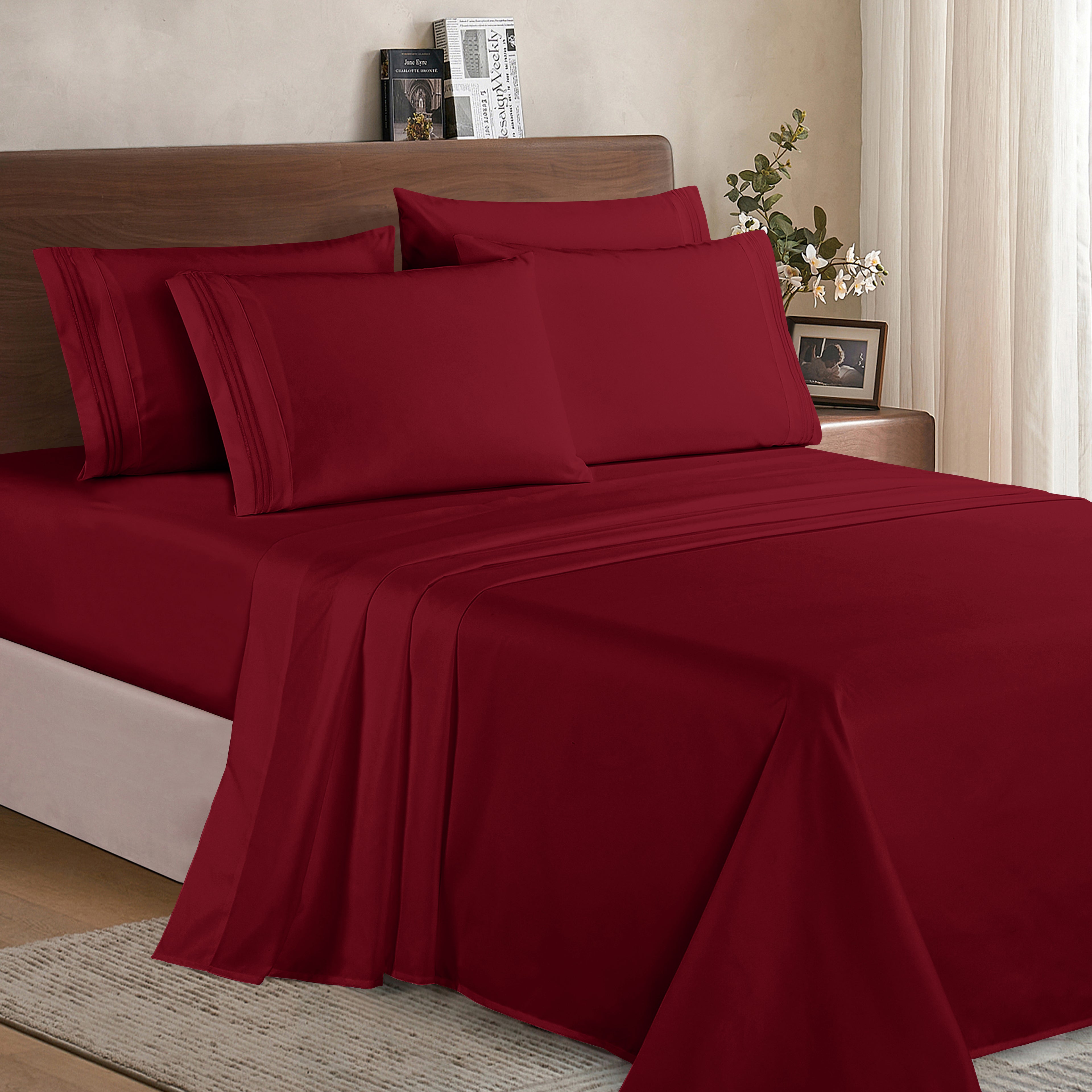 Essential 6-Piece 3-Line Embroidery Sheet Set, Soft as a Hotel Premium Quality,  Moody Shades