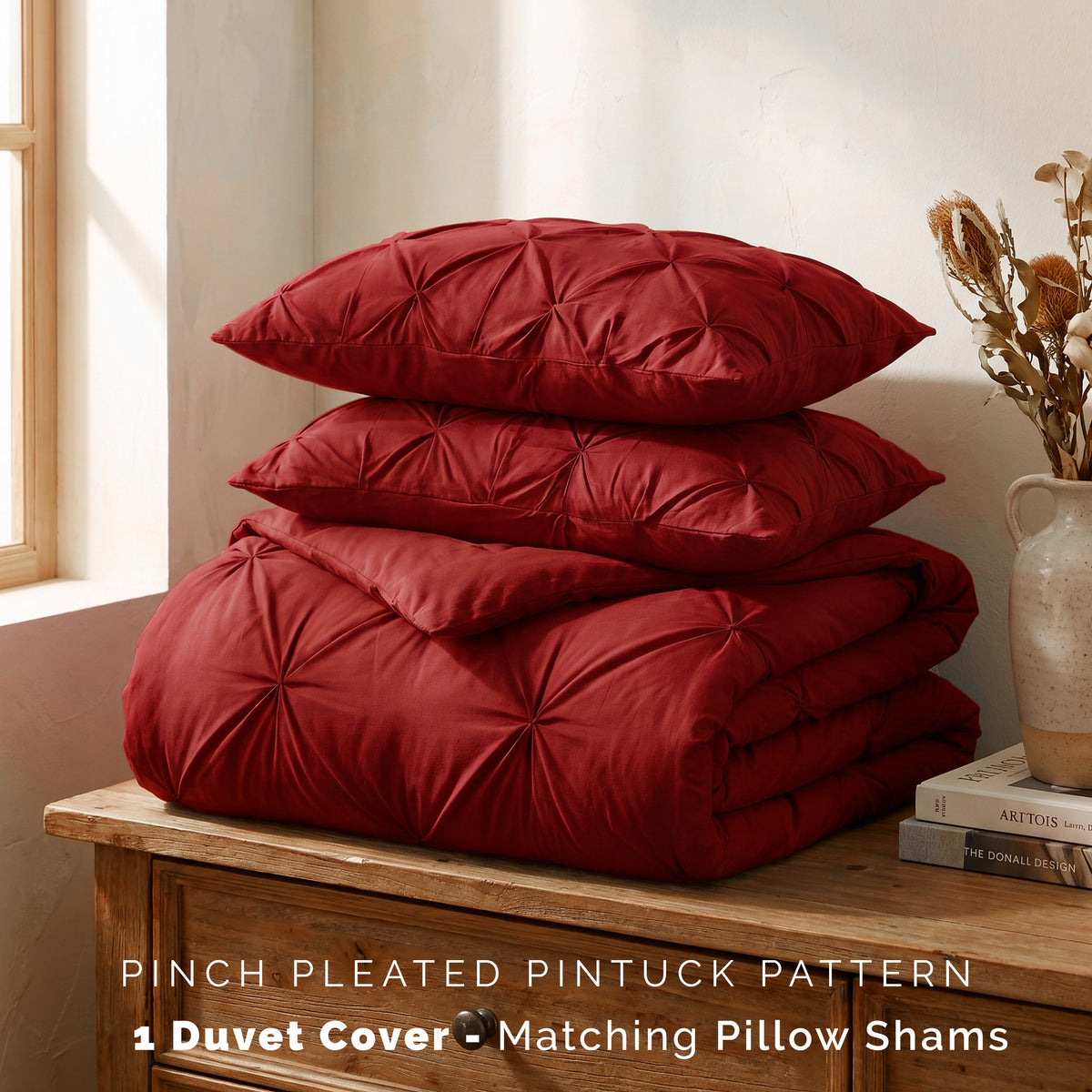 Pinch Pleated Pintuck Pattern, 3-Piece Duvet Cover Set - Features Corner Ties