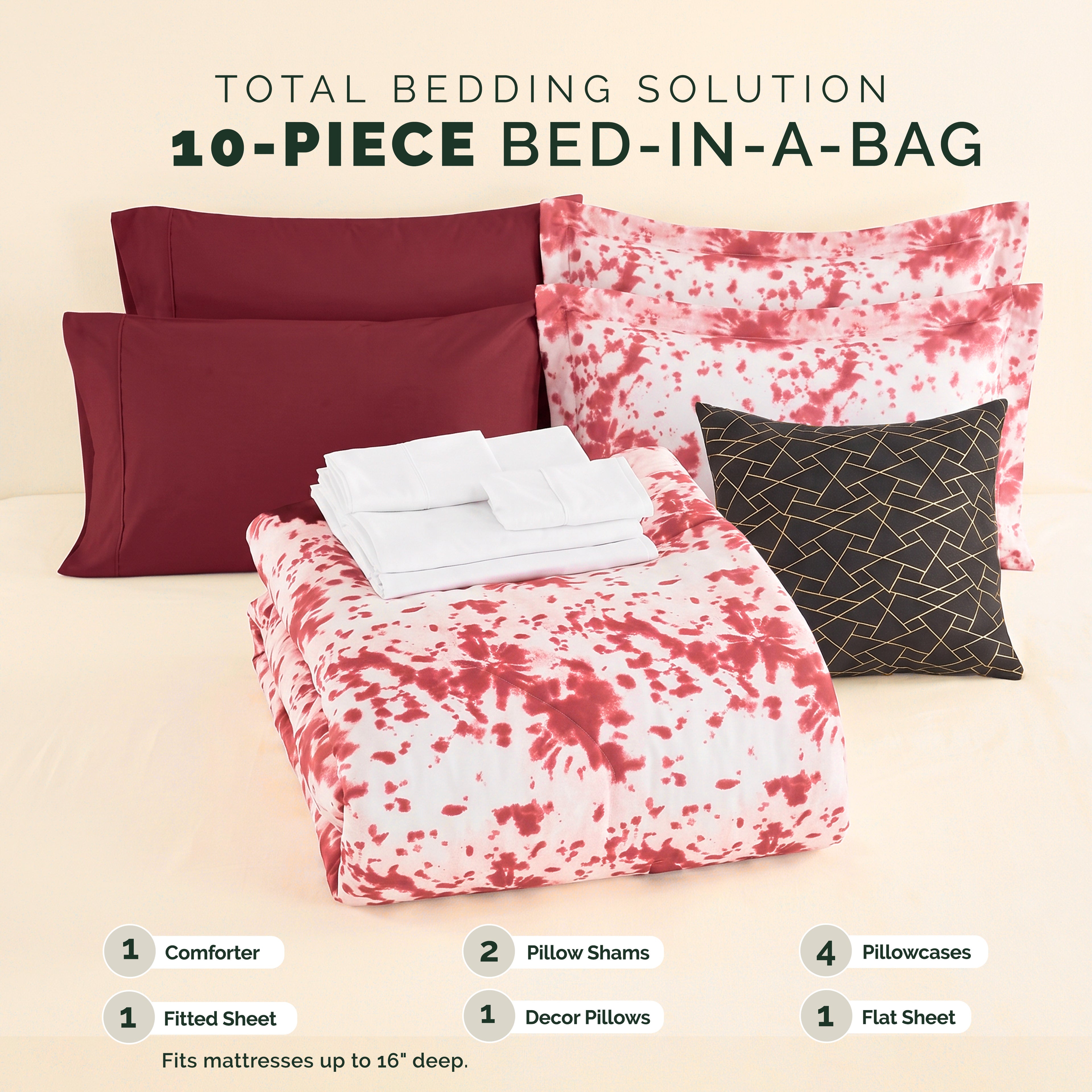 10-Piece Tie-Dye Comforter Set, Includes 6-Piece Sheet Set with Double Sided Storage Pockets