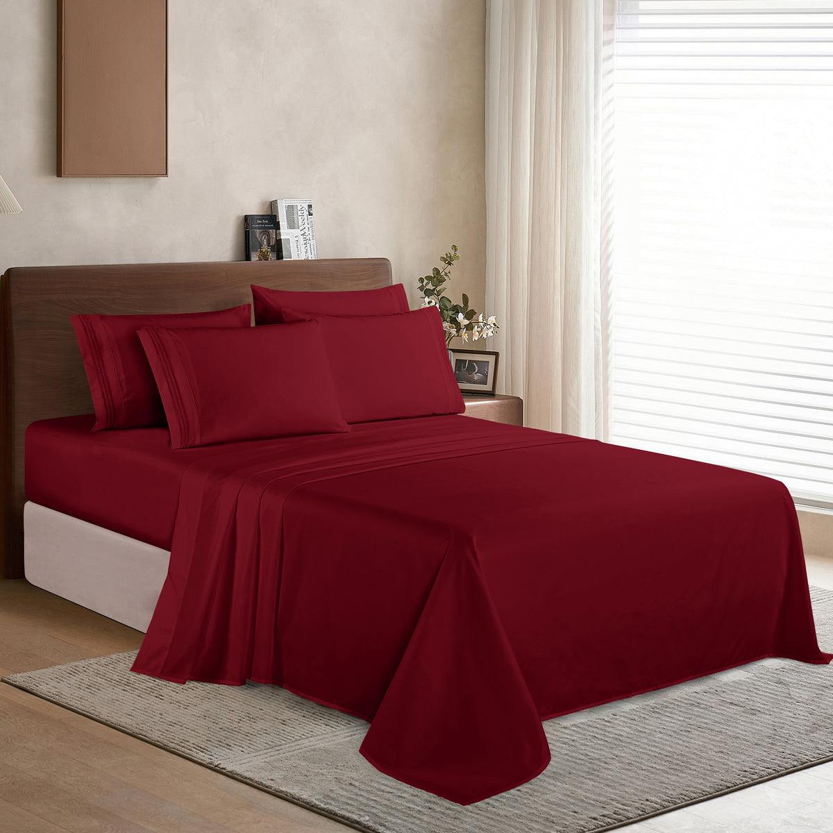 Essential 6-Piece 3-Line Embroidery Sheet Set, Soft as a Hotel Premium Quality,  Moody Shades