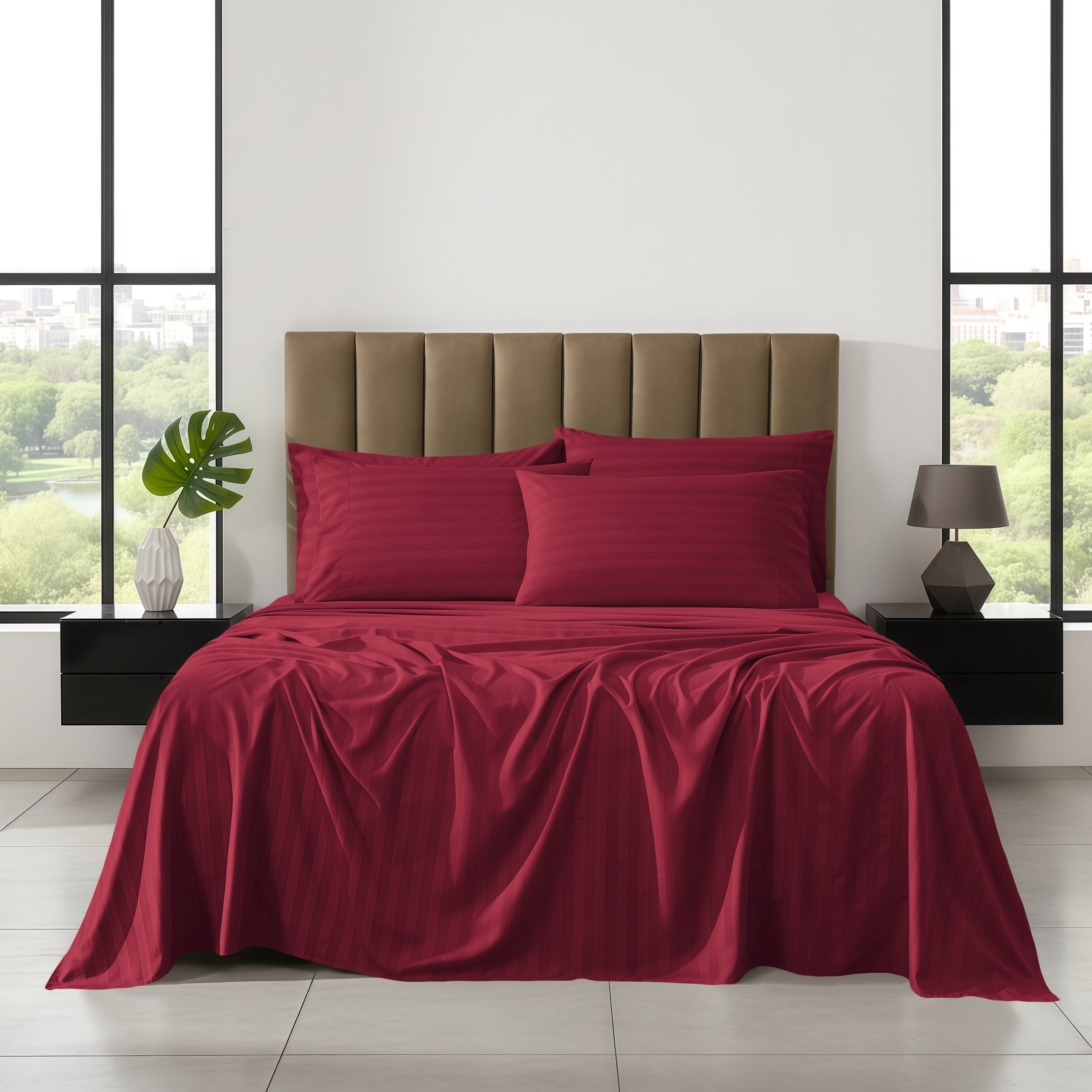 6-Piece Dobby Stripe Printed Bed Sheet Set- Soft as a Hotel Premium Quality