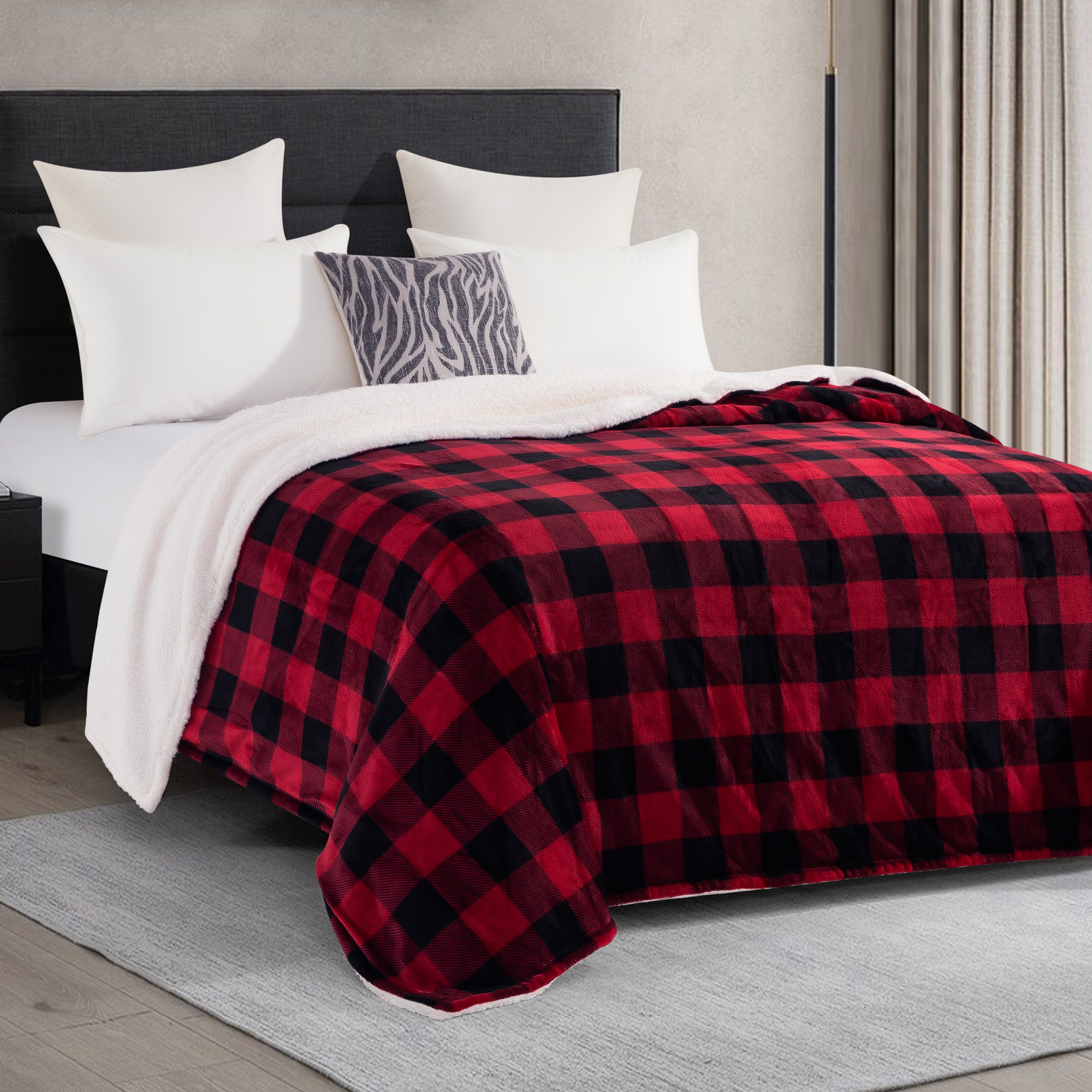 Buffalo Plaid Flannel Fleece Sherpa Throw Blanket