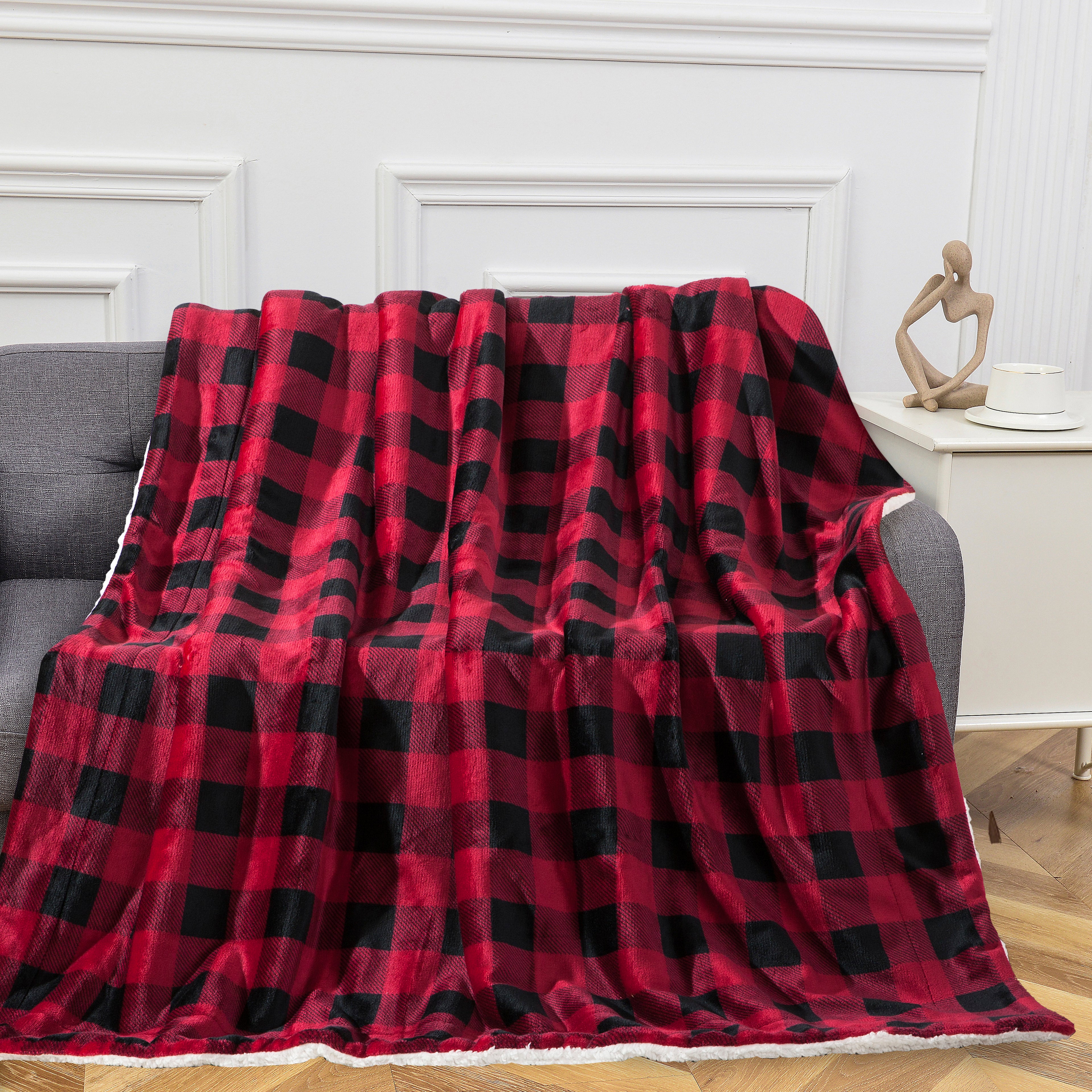 Buffalo Plaid Flannel Fleece Sherpa Throw Blanket