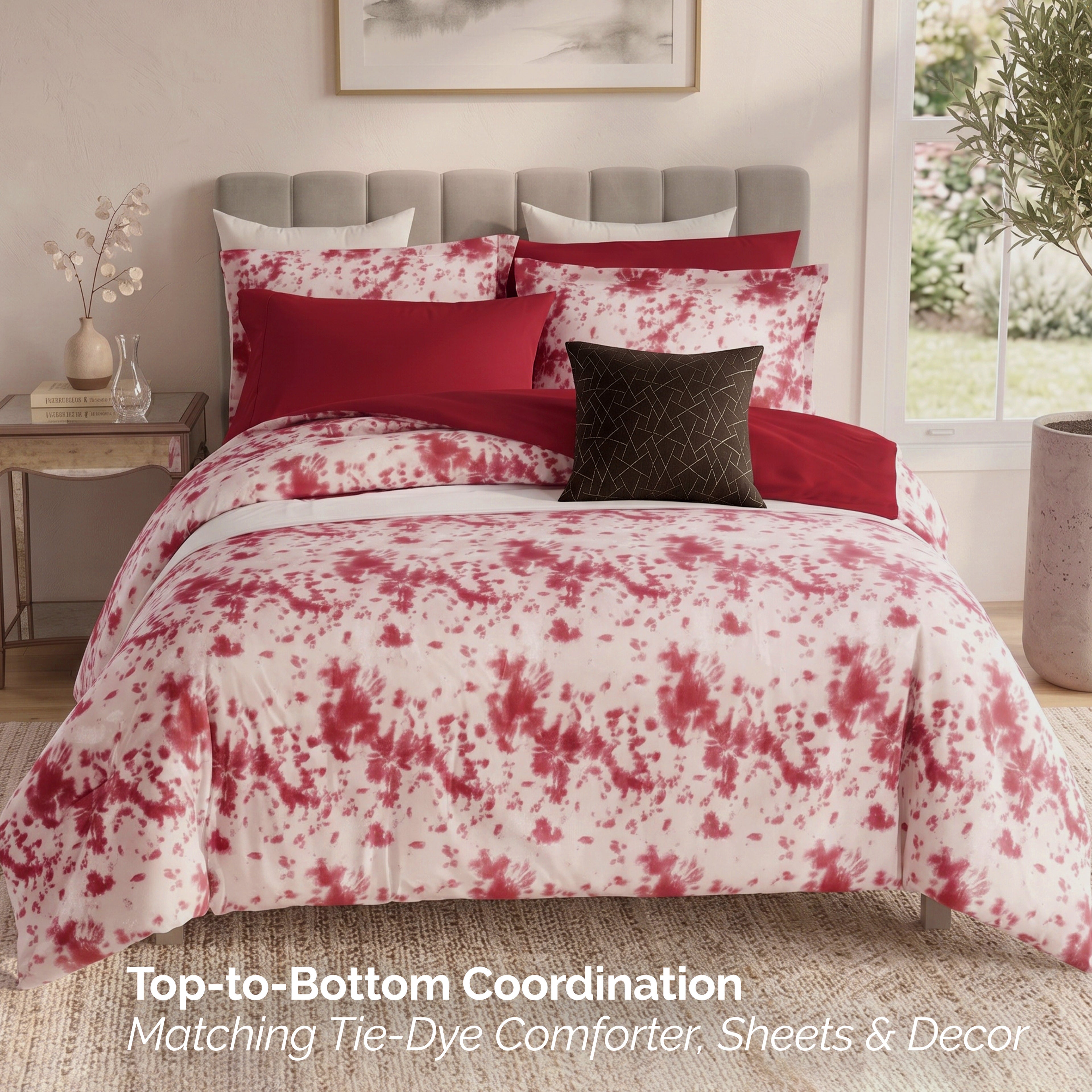 10-Piece Tie-Dye Comforter Set, Includes 6-Piece Sheet Set with Double Sided Storage Pockets