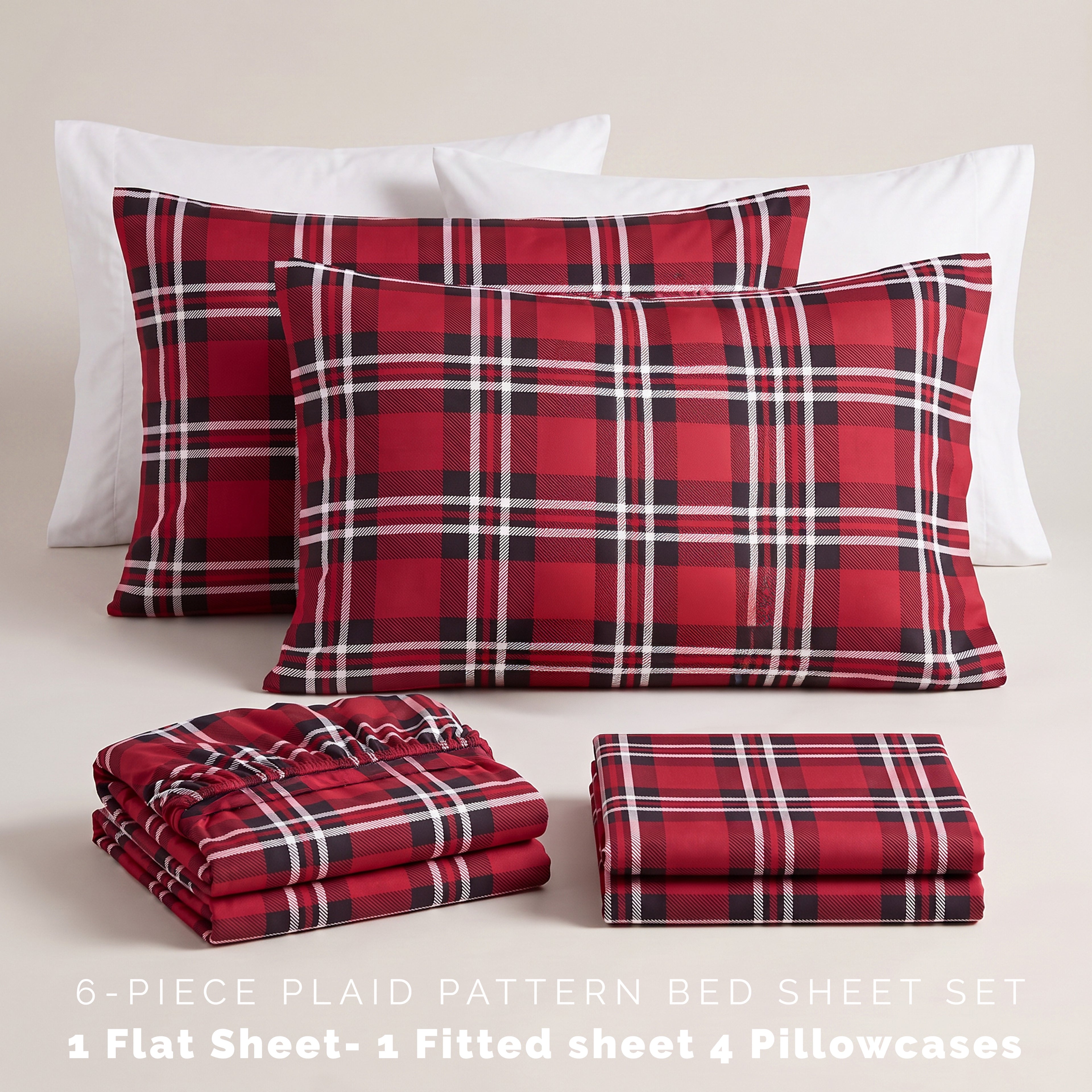 6-Piece Plaid Pattern Bed Sheet Set - Soft as a Hotel Premium Quality
