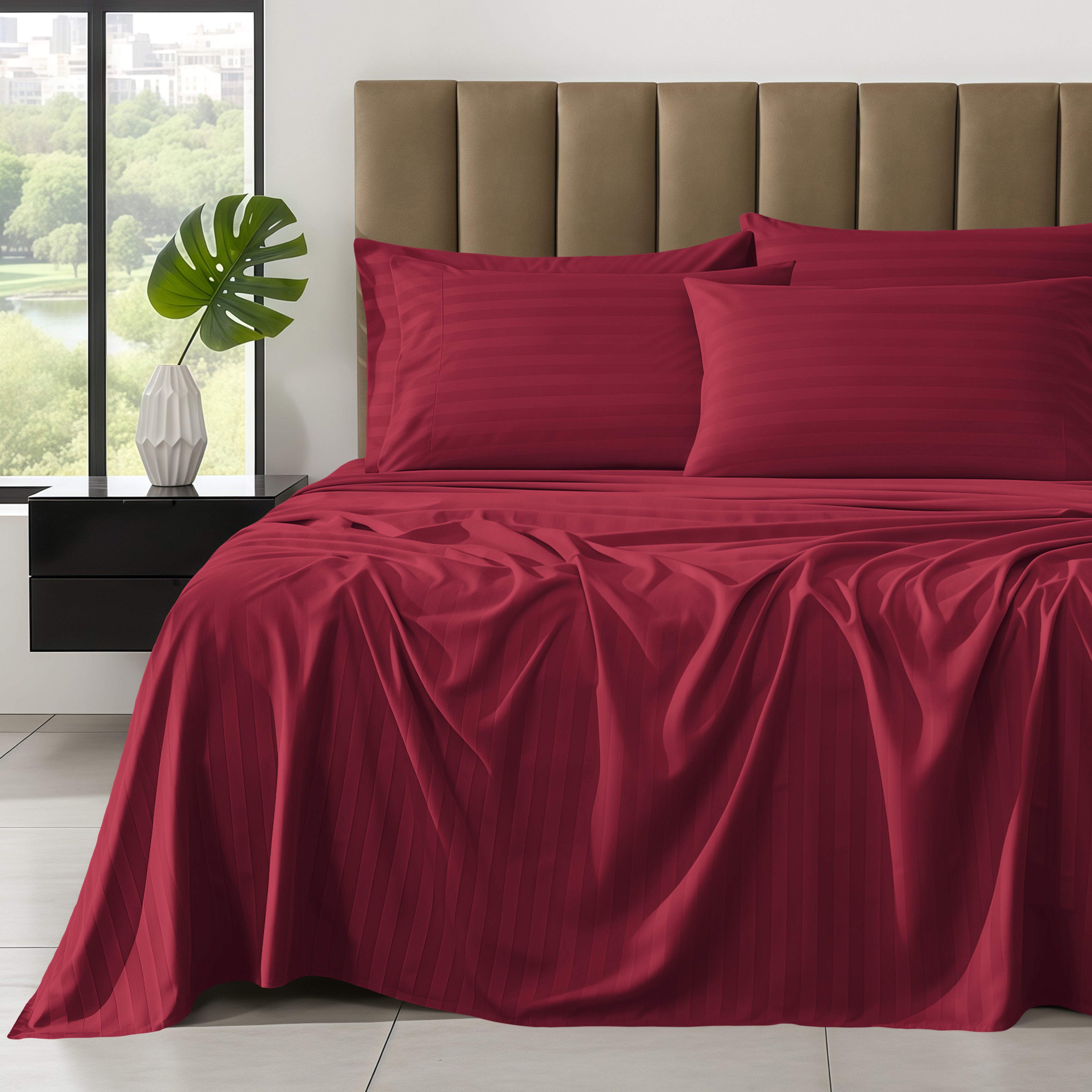 6-Piece Dobby Stripe Printed Bed Sheet Set- Soft as a Hotel Premium Quality