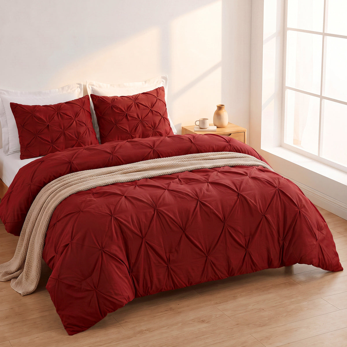 Pinch Pleated Pintuck Pattern, 3-Piece Duvet Cover Set - Features Corner Ties