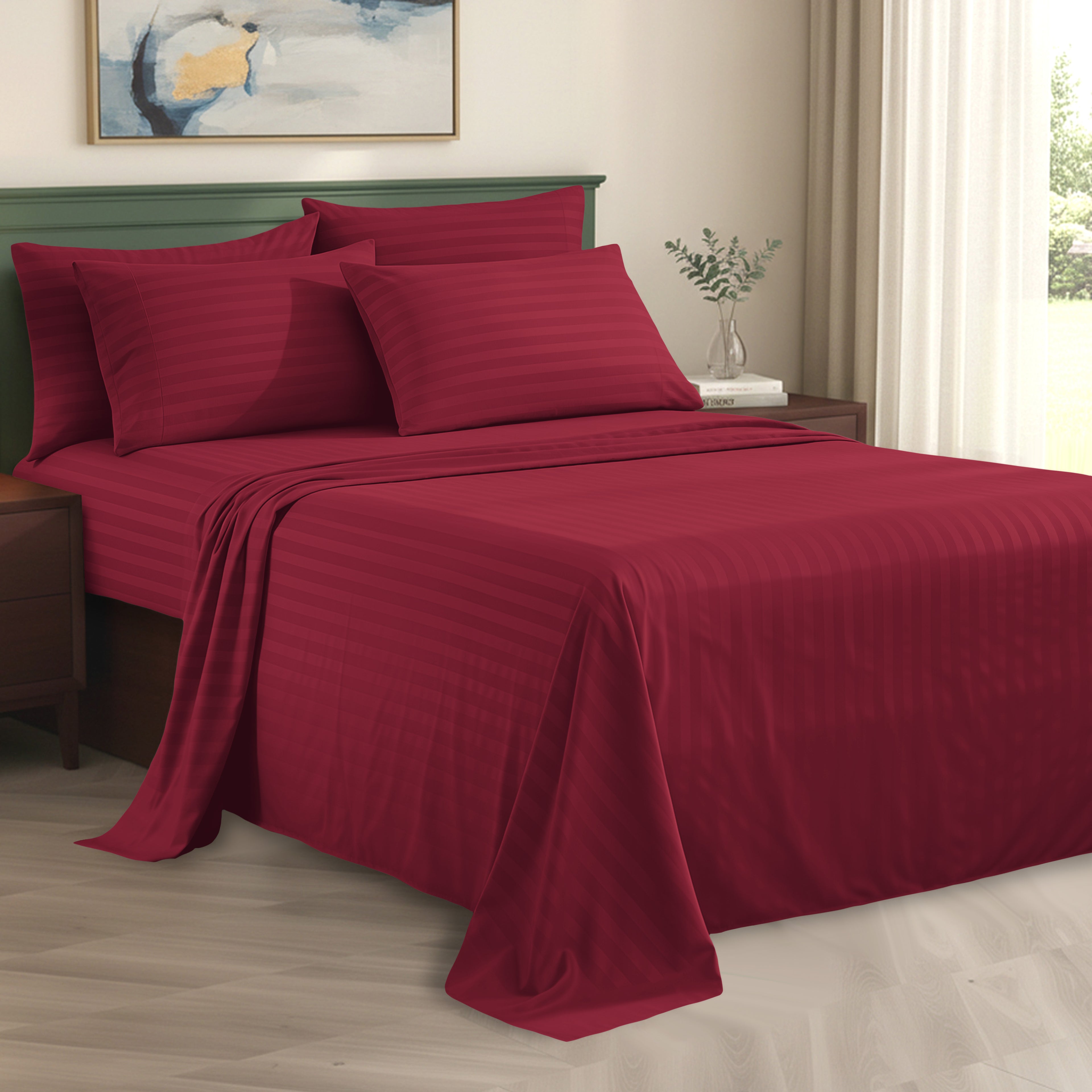 6-Piece Dobby Stripe Printed Bed Sheet Set- Soft as a Hotel Premium Quality