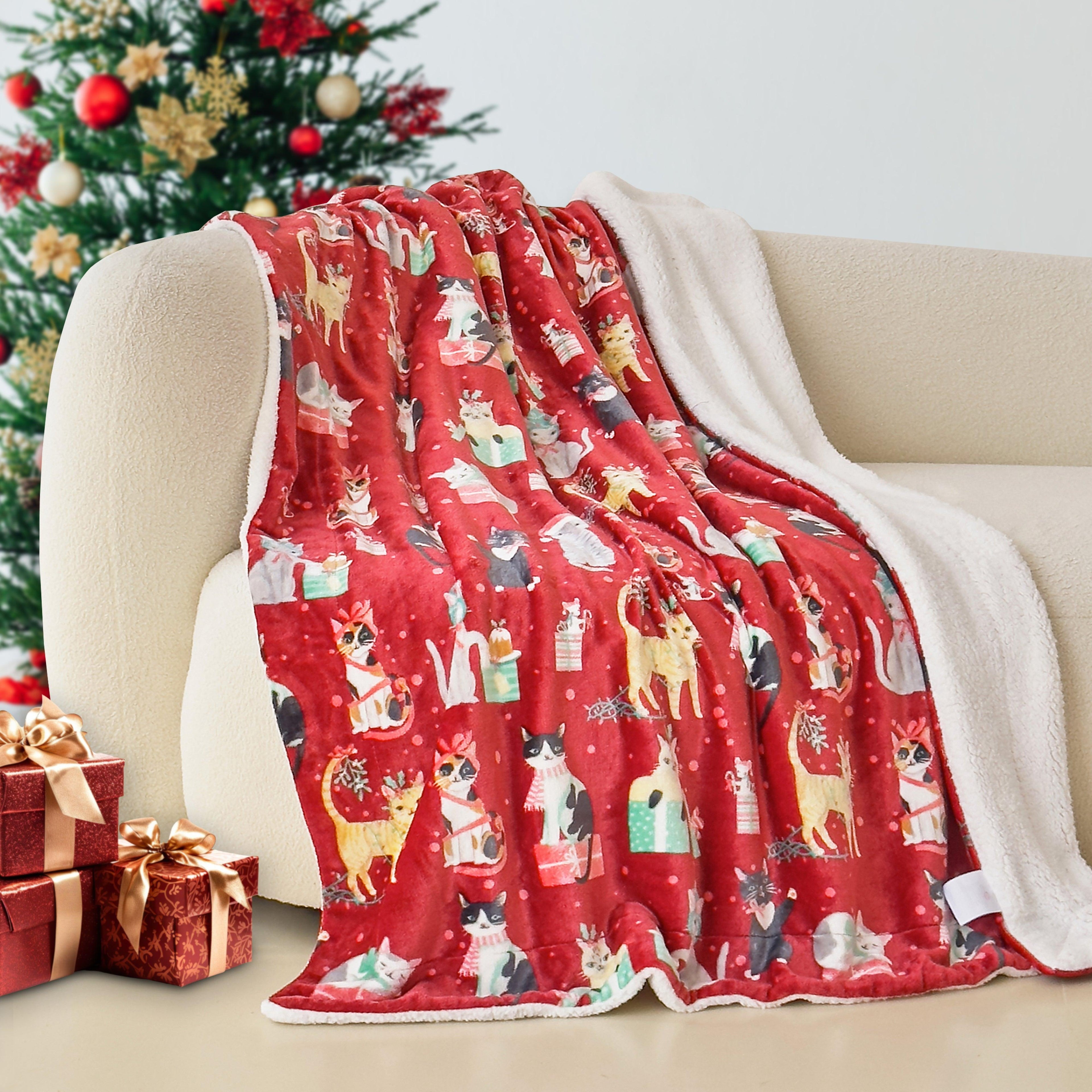 Christmas Sherpa Throw with Flannel Fleece - 50 x 60 inches