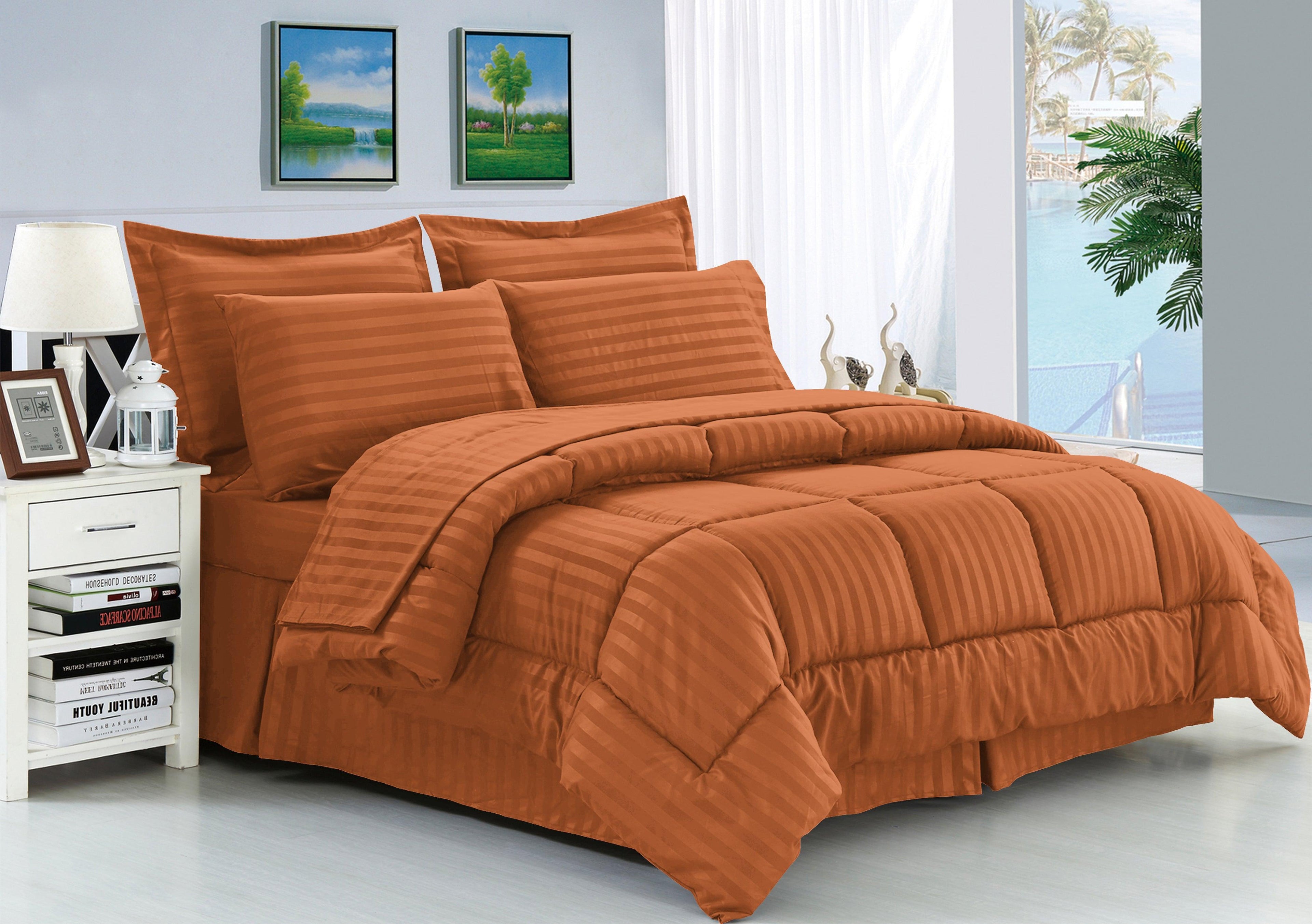 8-Piece Dobby Stripe Comforter Set - Includes 4-Piece Sheet Set with Double Sided Storage Pockets