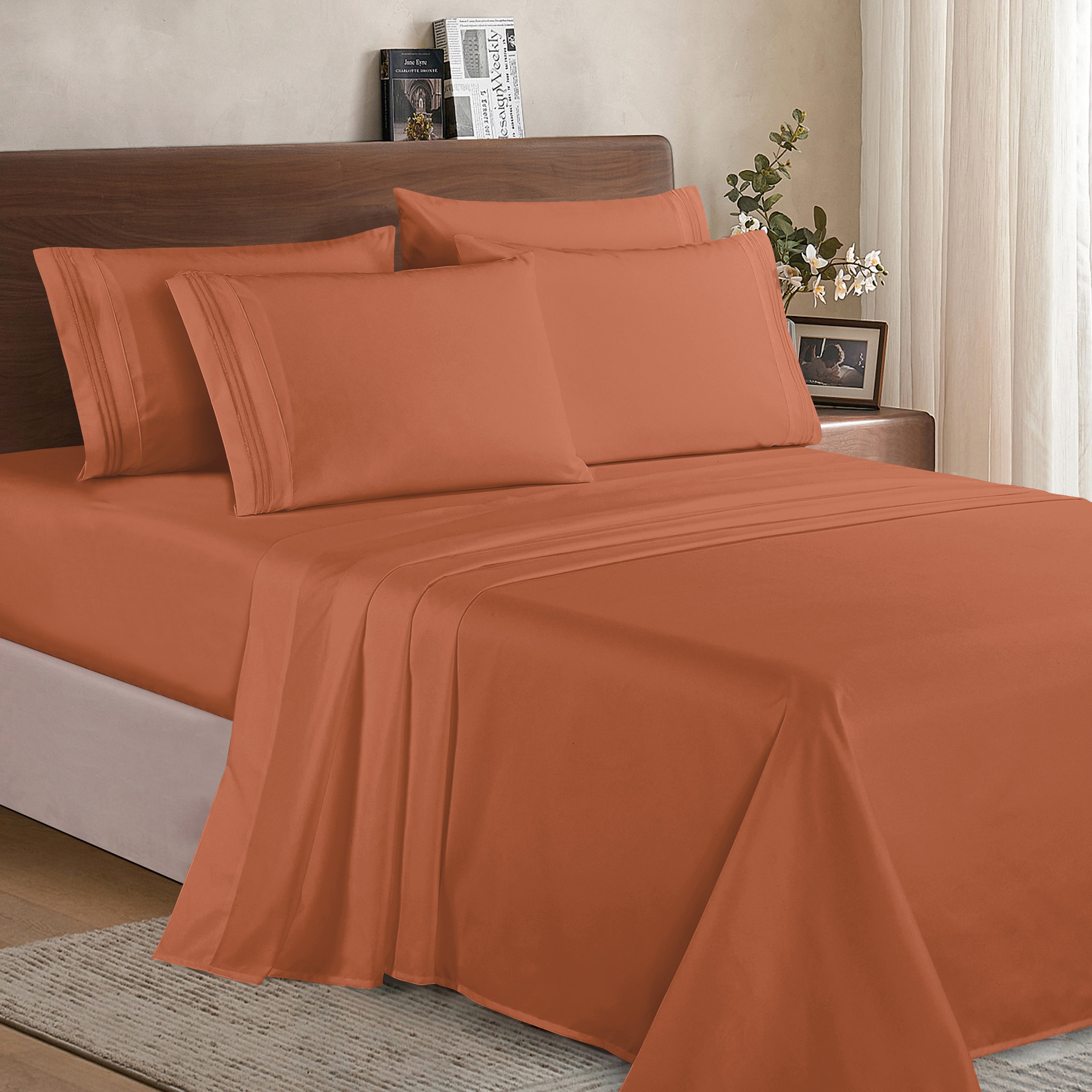 Essential 6-Piece 3-Line Embroidery Sheet Set, Soft as a Hotel Premium Quality,  Moody Shades