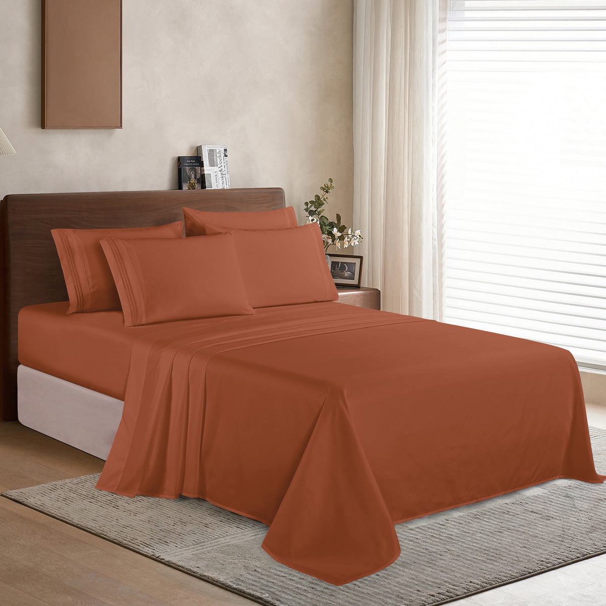 Essential 6-Piece 3-Line Embroidery Sheet Set, Soft as a Hotel Premium Quality,  Moody Shades