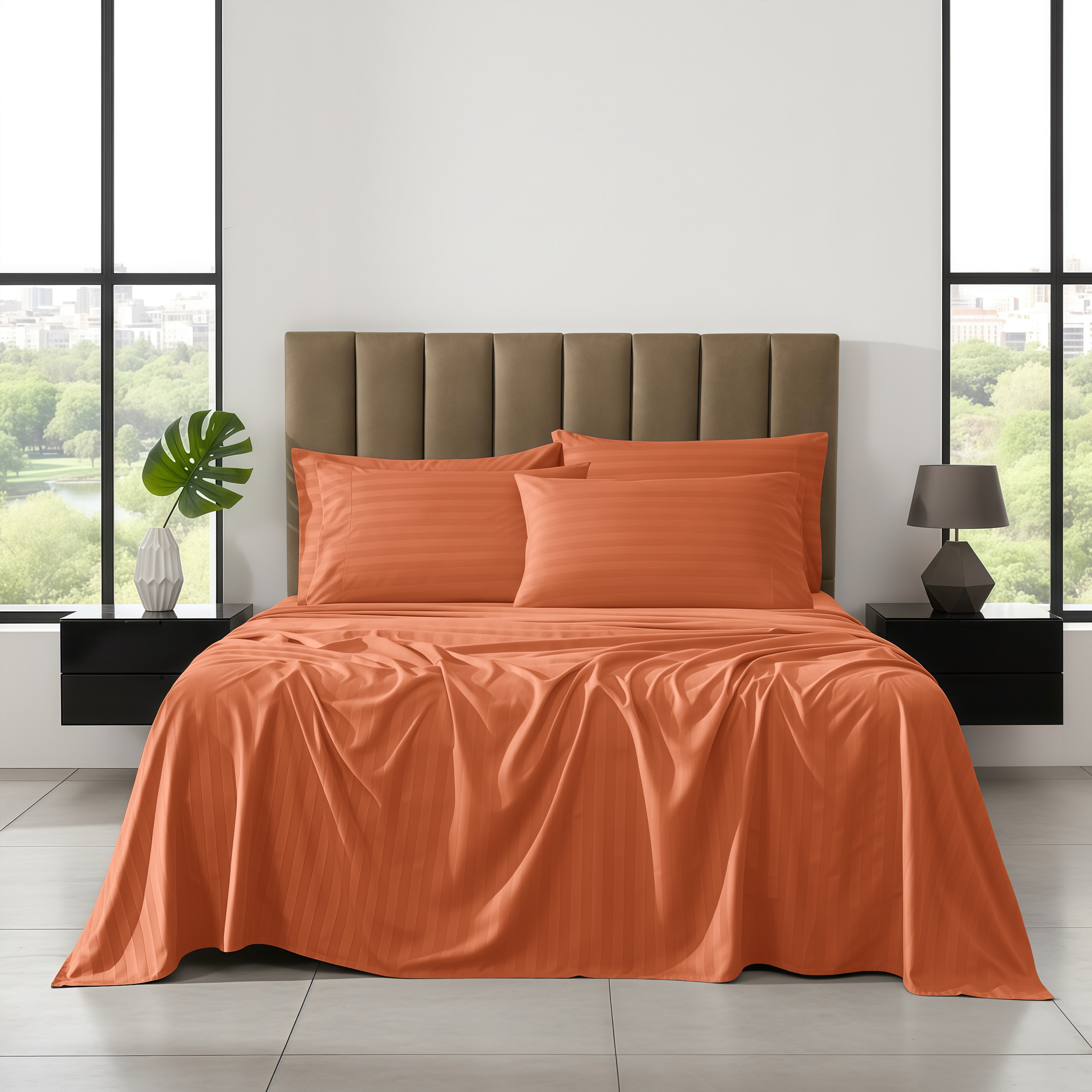 6-Piece Dobby Stripe Printed Bed Sheet Set- Soft as a Hotel Premium Quality