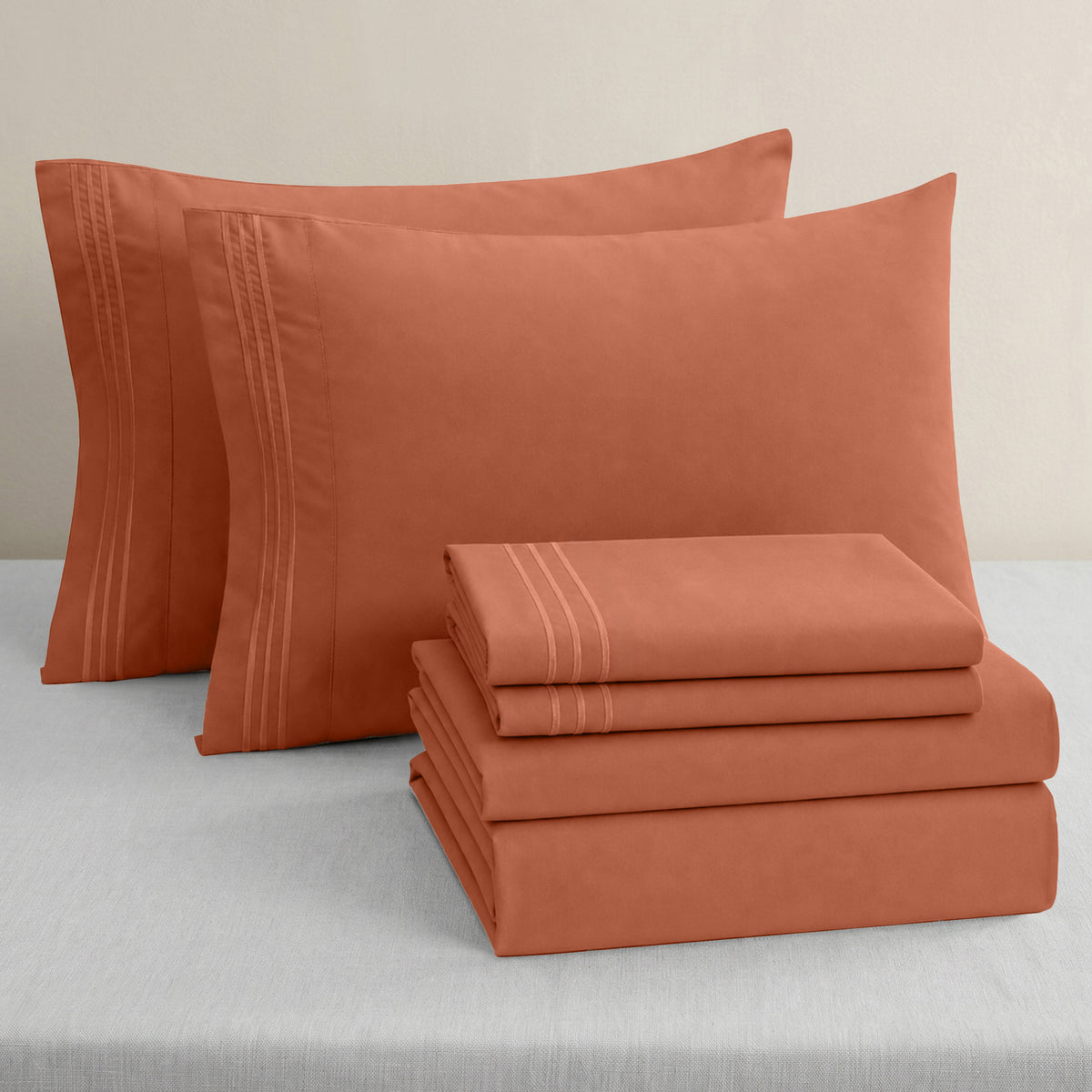 Essential 6-Piece 3-Line Embroidery Sheet Set, Soft as a Hotel Premium Quality,  Moody Shades
