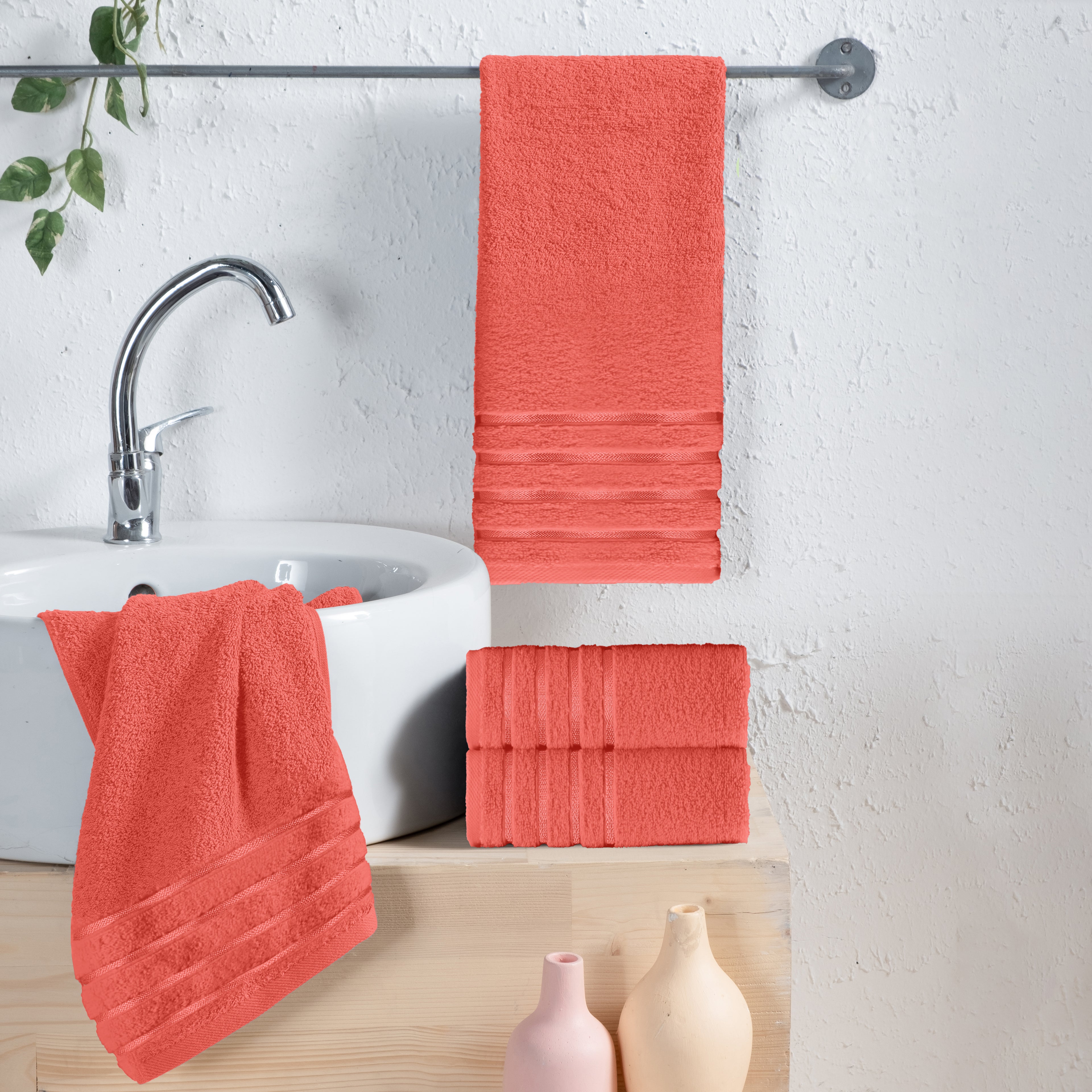 4-Pack Turkish Cotton 4 Lines Stripe Hand Towel Set, 16 x 28 inch