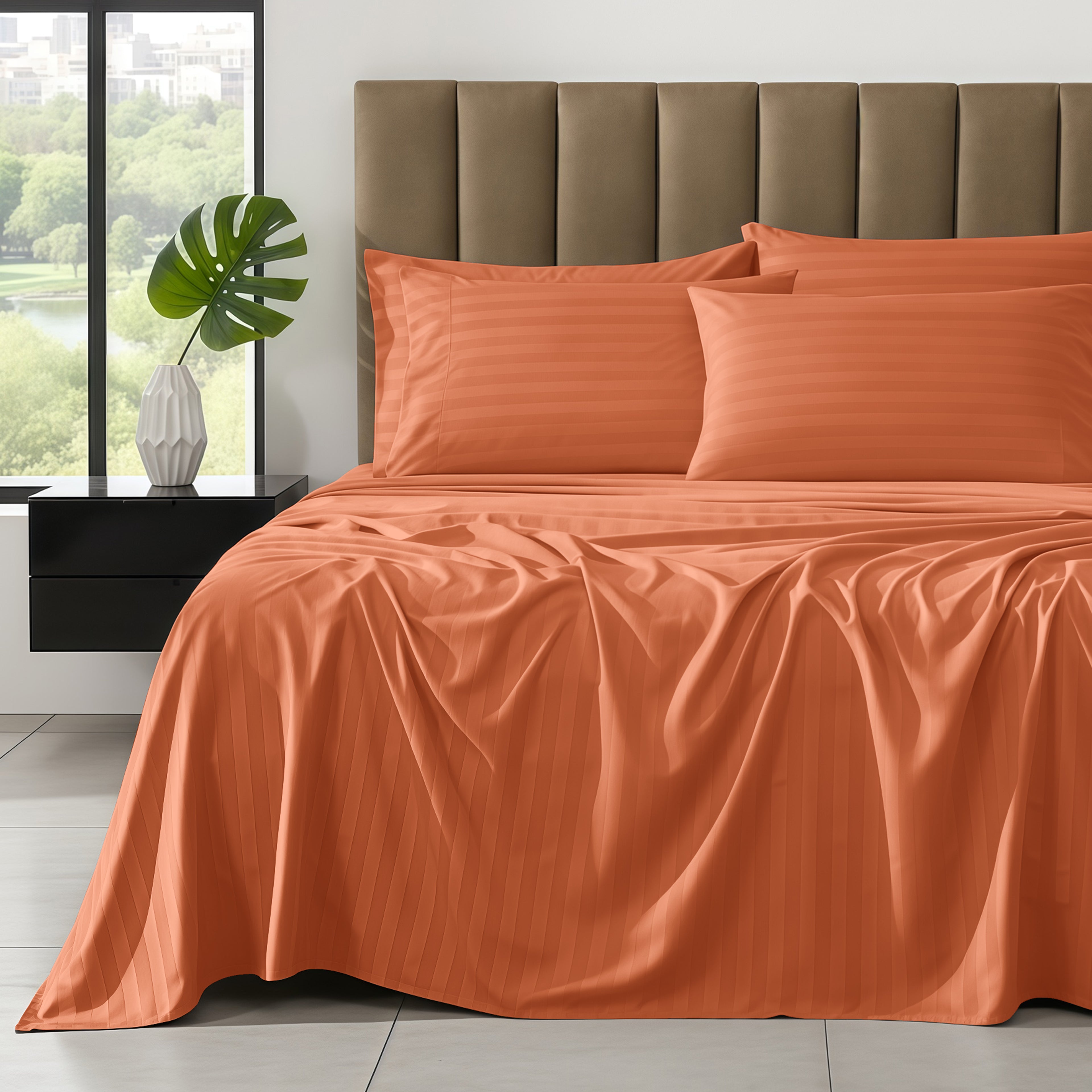 6-Piece Dobby Stripe Printed Bed Sheet Set- Soft as a Hotel Premium Quality