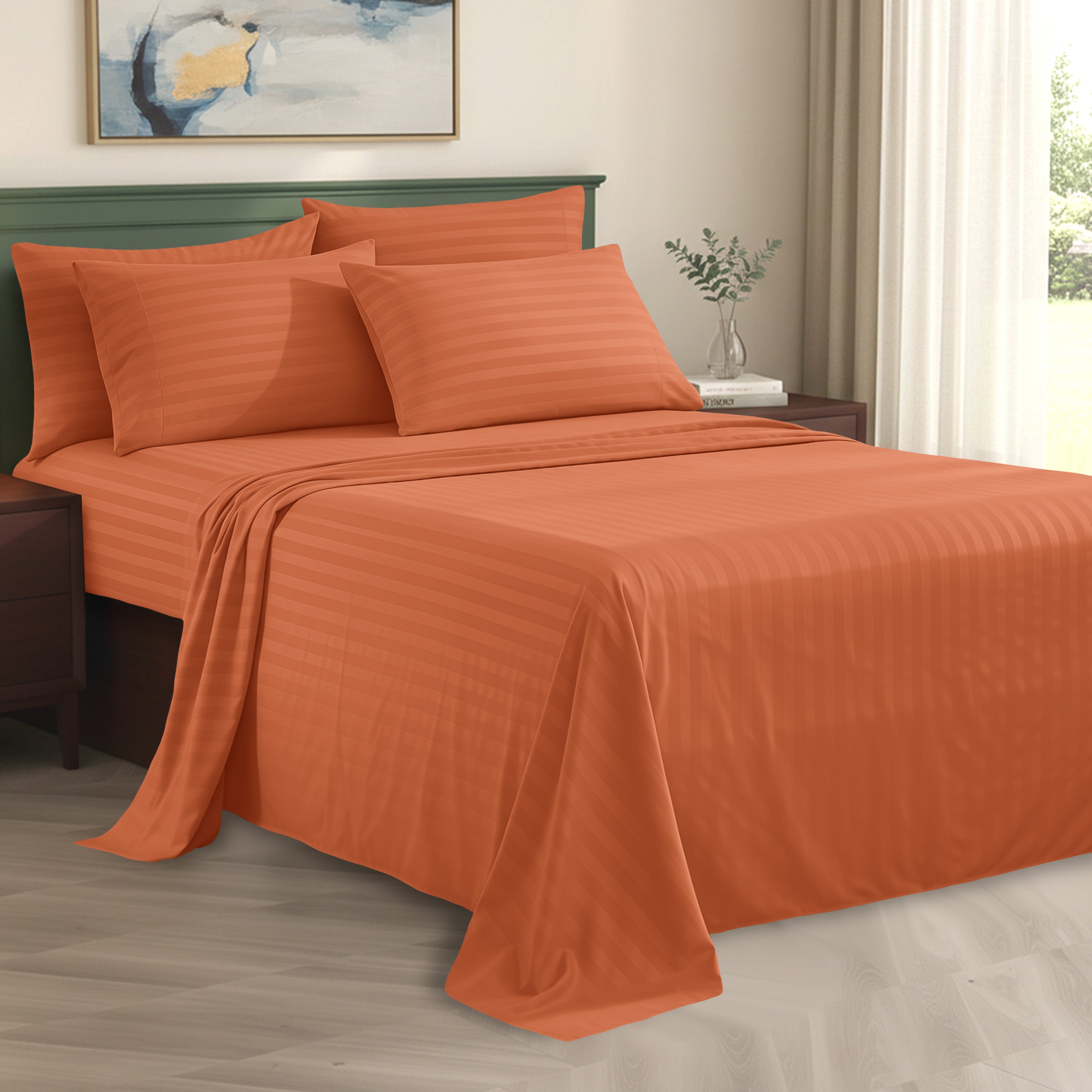 6-Piece Dobby Stripe Printed Bed Sheet Set- Soft as a Hotel Premium Quality