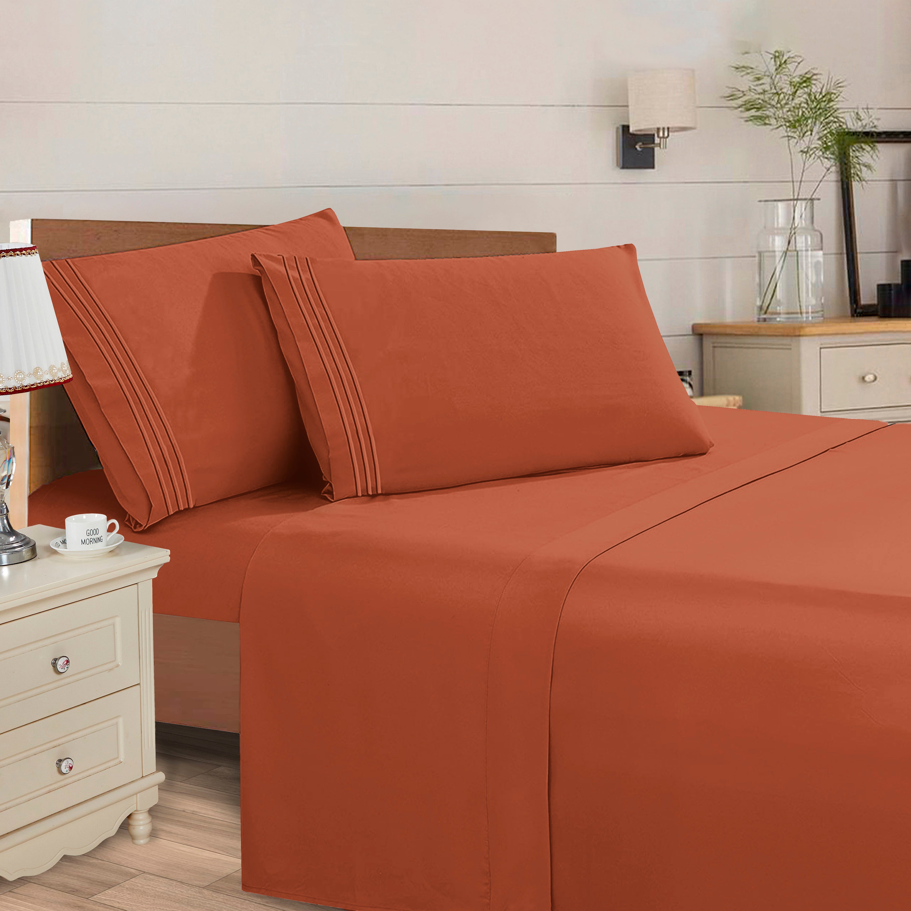 Essential 4-Piece 3-Line Embroidery Sheet Set, Soft as a Hotel Premium Quality,  Moody Shades