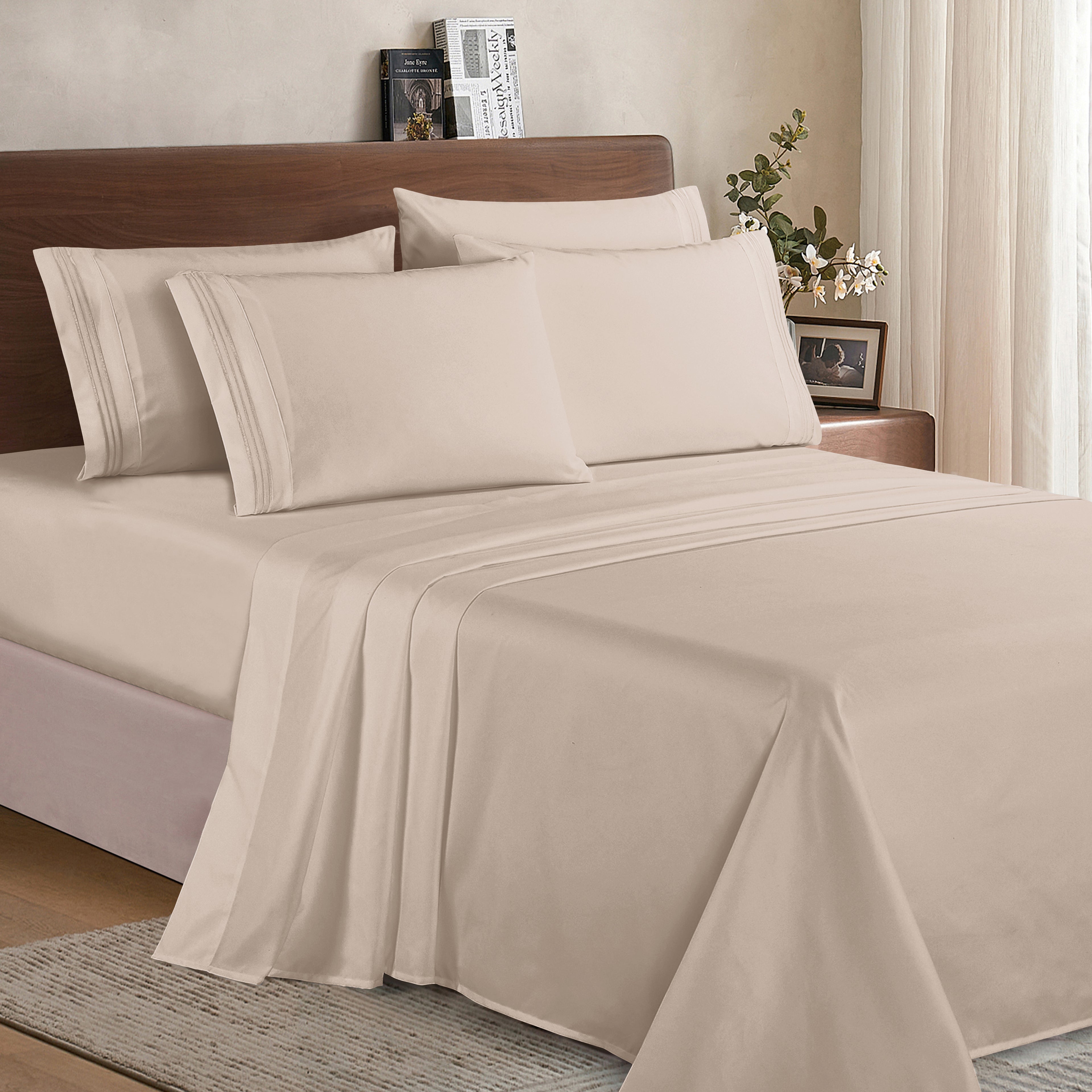 Essential 6-Piece 3-Line Embroidery Sheet Set, Soft as a Hotel Premium Quality, Bright Shades
