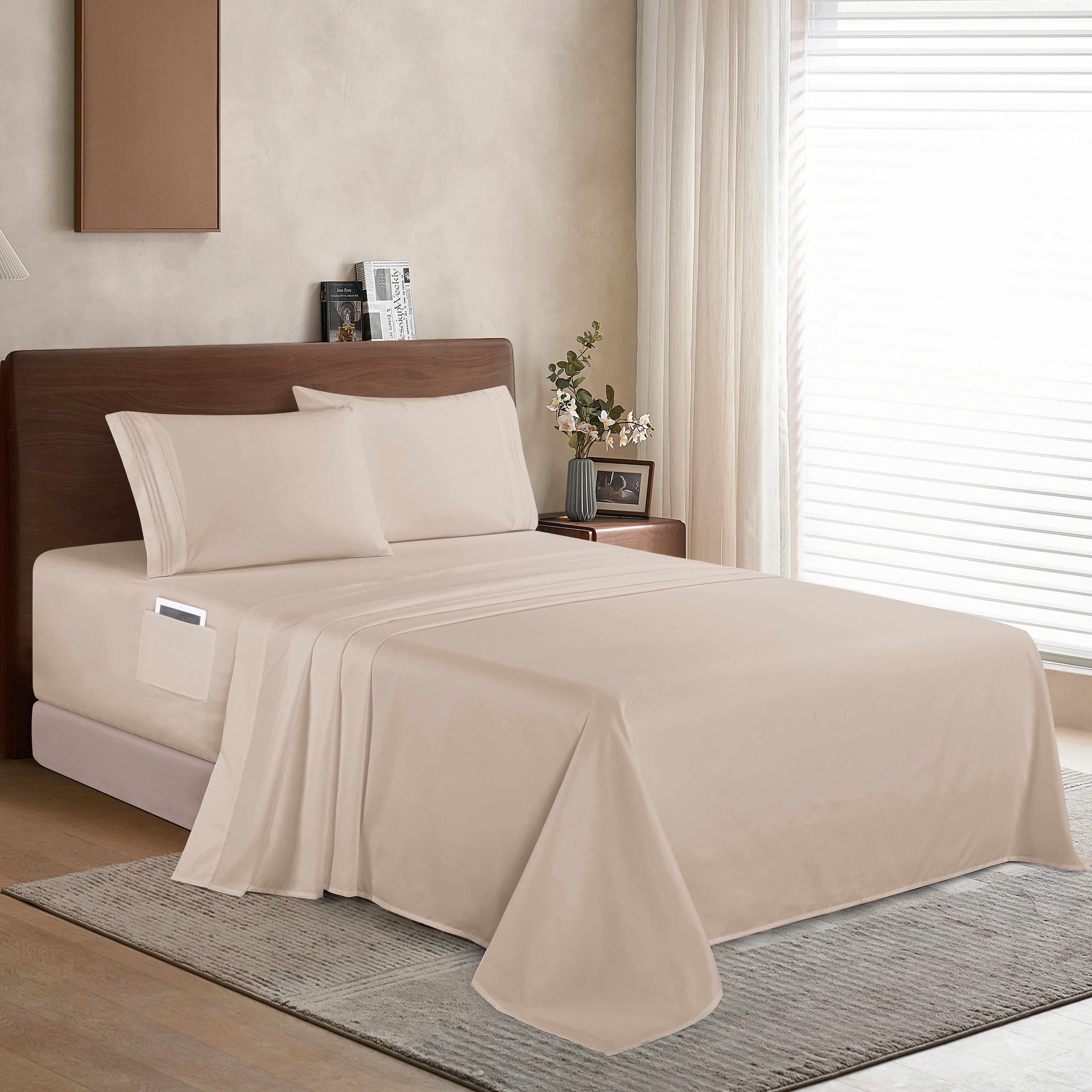 Extra deep 18-24 Inch Pocket 3 Line Embroidery, 4-Piece Sheet Set, Bright Shades