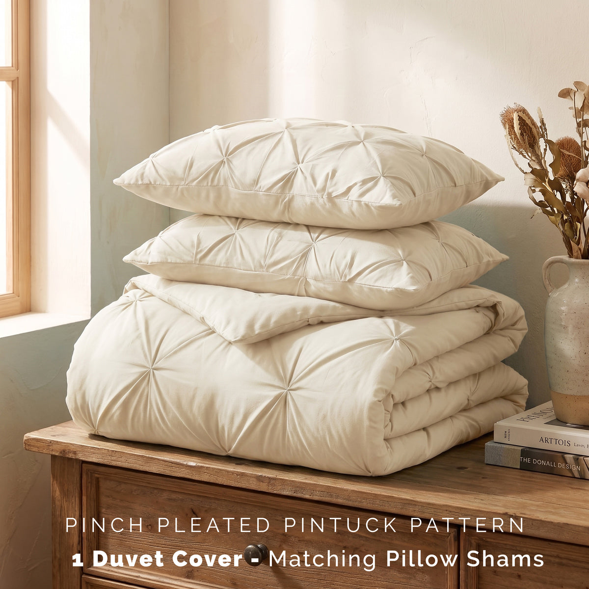 Pinch Pleated Pintuck Pattern, 3-Piece Duvet Cover Set - Features Corner Ties