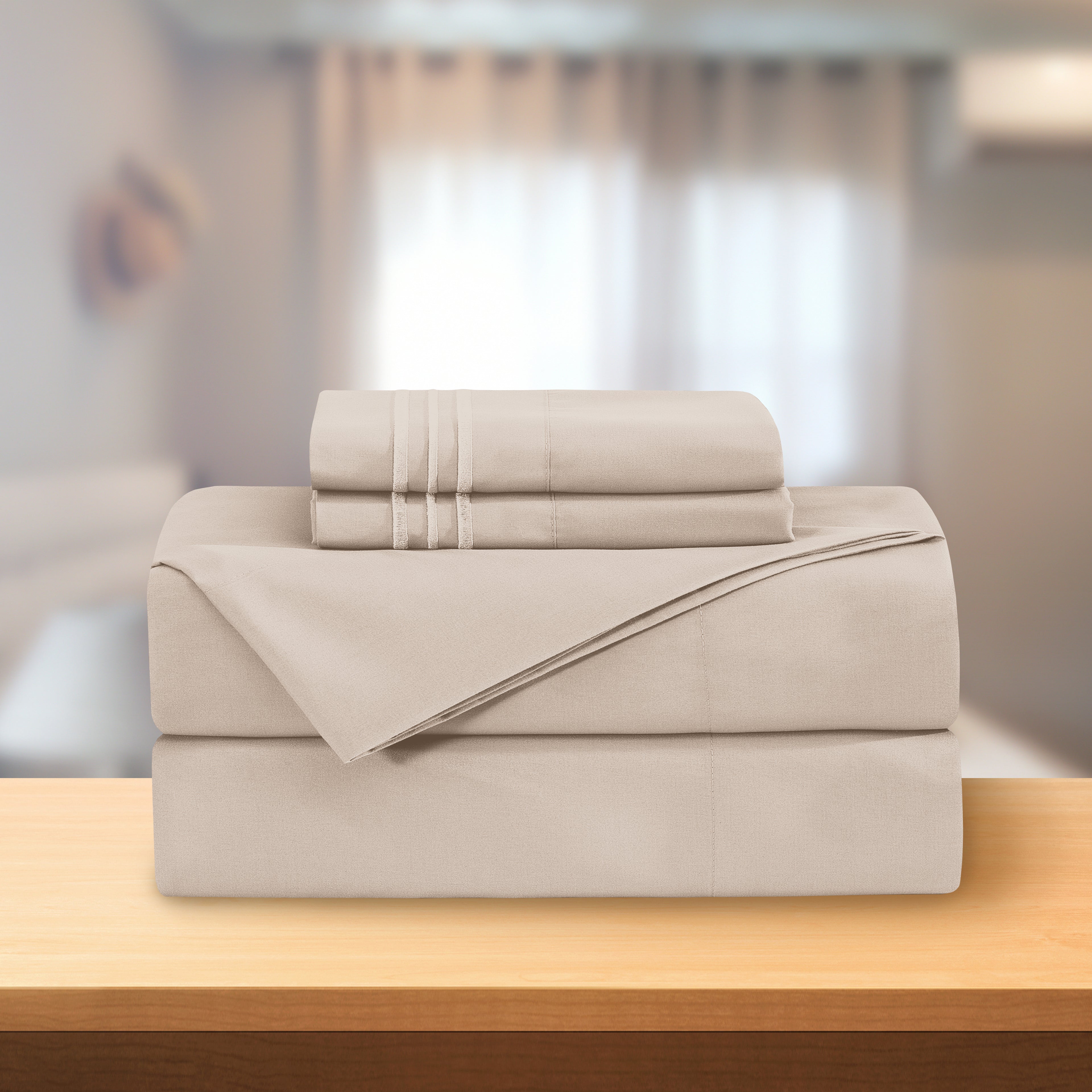 Essential Solid 3 Line Embroidery - Soft as a Hotel Premium Quality, 4-Piece Sheet Set, Bright Shades